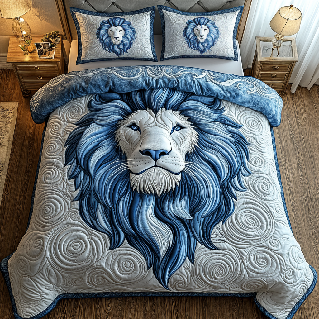 Blue Swirl Majestic Lion Quilted Bedding Set Bedroom Decorations Gifts For Lion Lovers