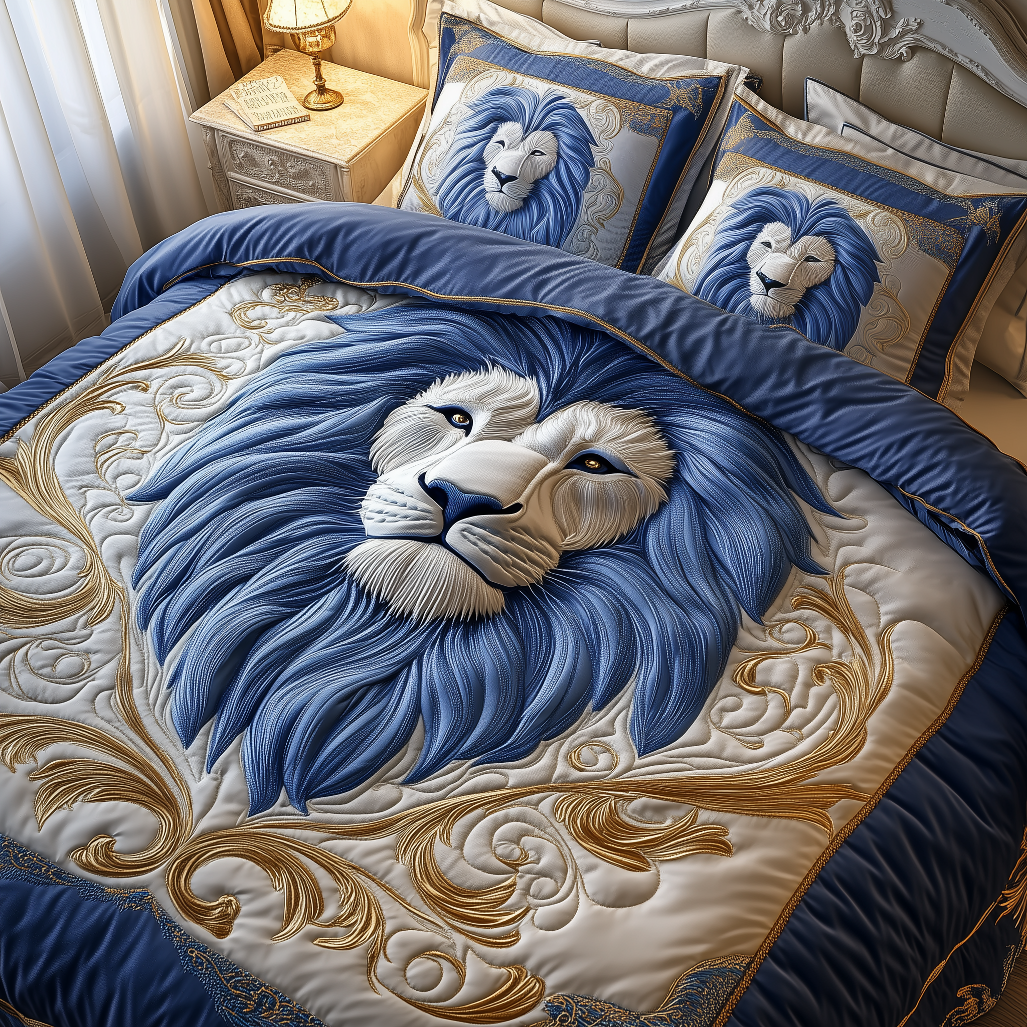 Blue Swirl Majestic Lion Quilted Bedding Set Comforter And Sheet Sets Lion Related Gifts