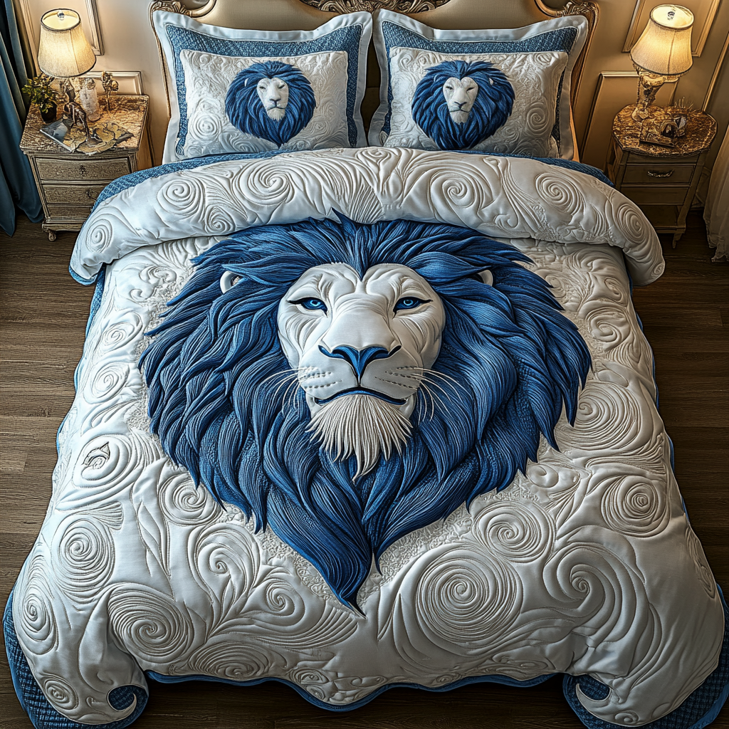 Blue Swirl Majestic Lion Quilted Bedding Set Quilt Comforter Sets Unique Lion Presents