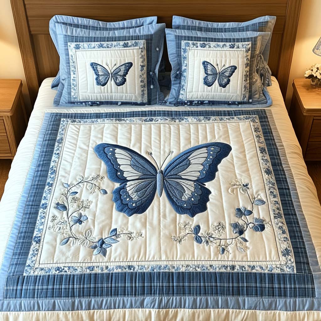 Blue Wings Quilted Bedding Set Best Bedsheets Gift For Butterfly Lover