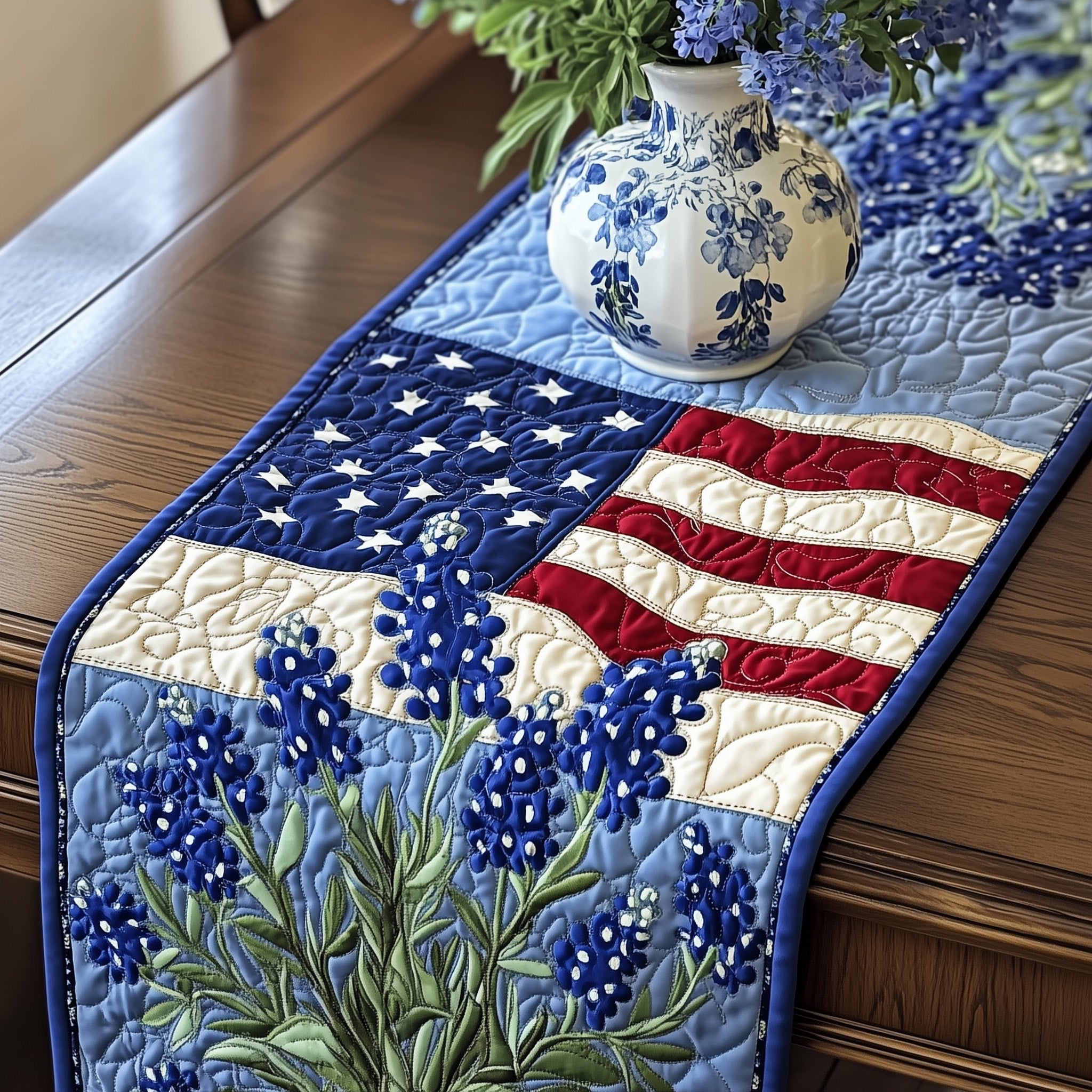 Bluebonnet Quilted Table Runner Dining Room Table Runners Patriotic Texan Gifts