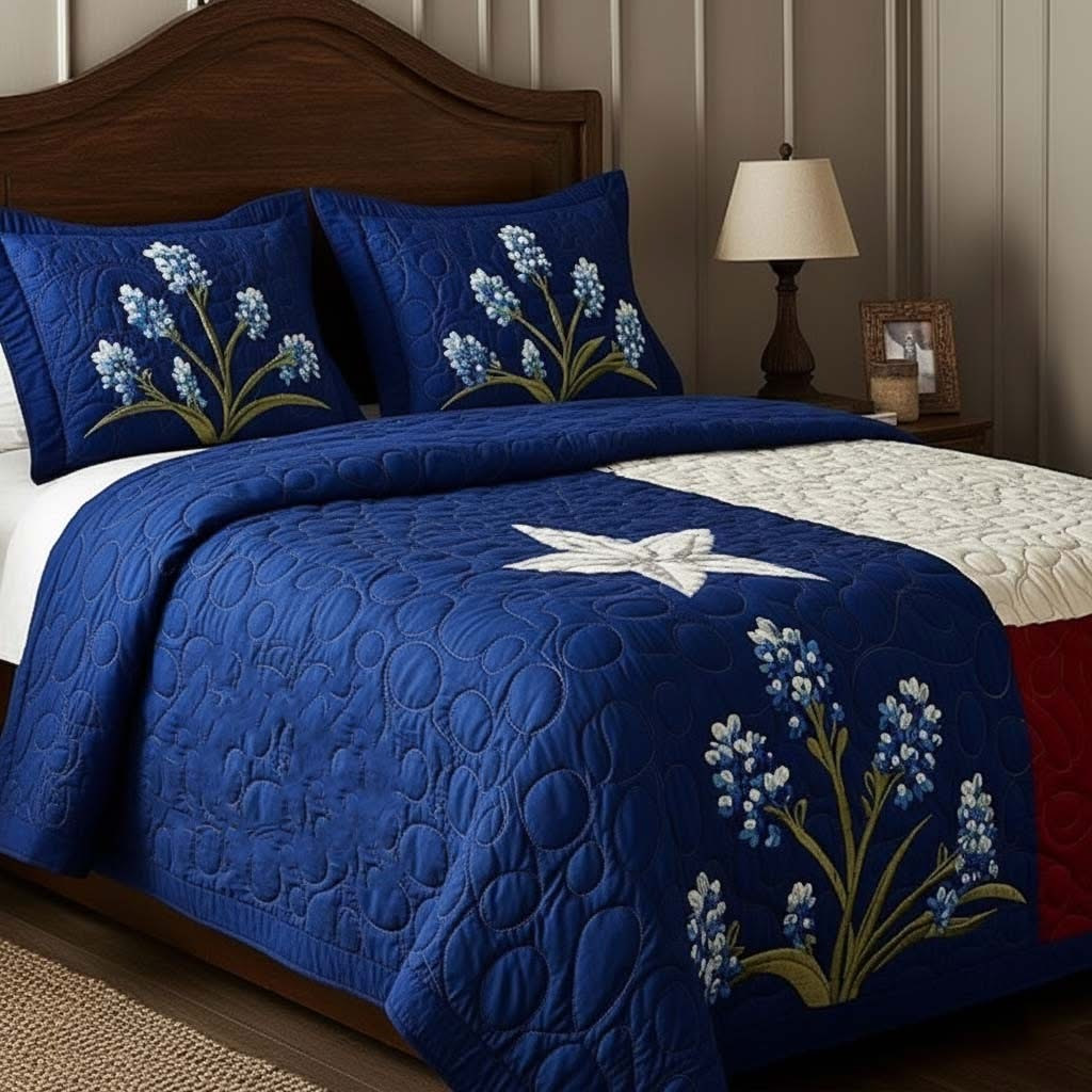 Bluebonnet Texas Quilted Bedding Set Best Patriotic Bedspread Set Christmas Gift For Dad