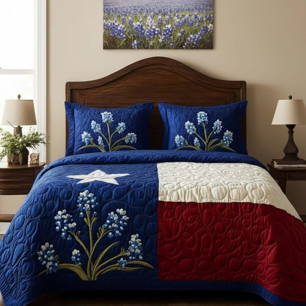 Bluebonnet Texas Quilted Bedding Set Great Bed Sheet Set Christmas Gift For Patriotic Dad