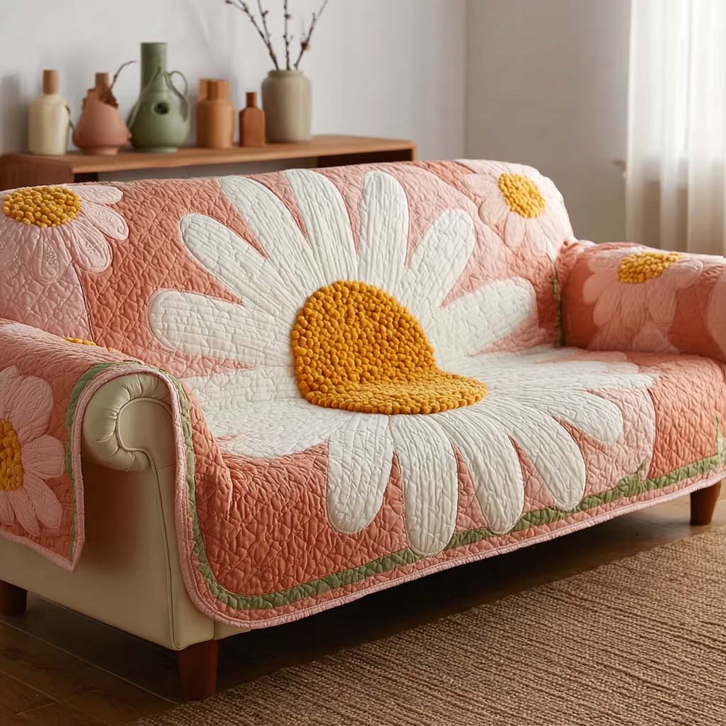Blush Daisy Quilted Sofa Cover Couch Cushion Covers Daisy Plant Gifts