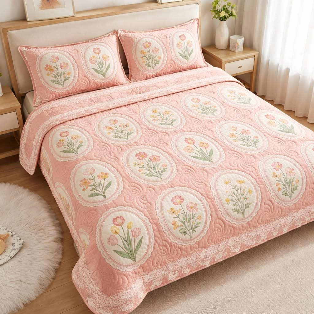 Blush Garden Charm Quilted Bedding Set Pastel Floral Bedspread Set Gifts For Daughters