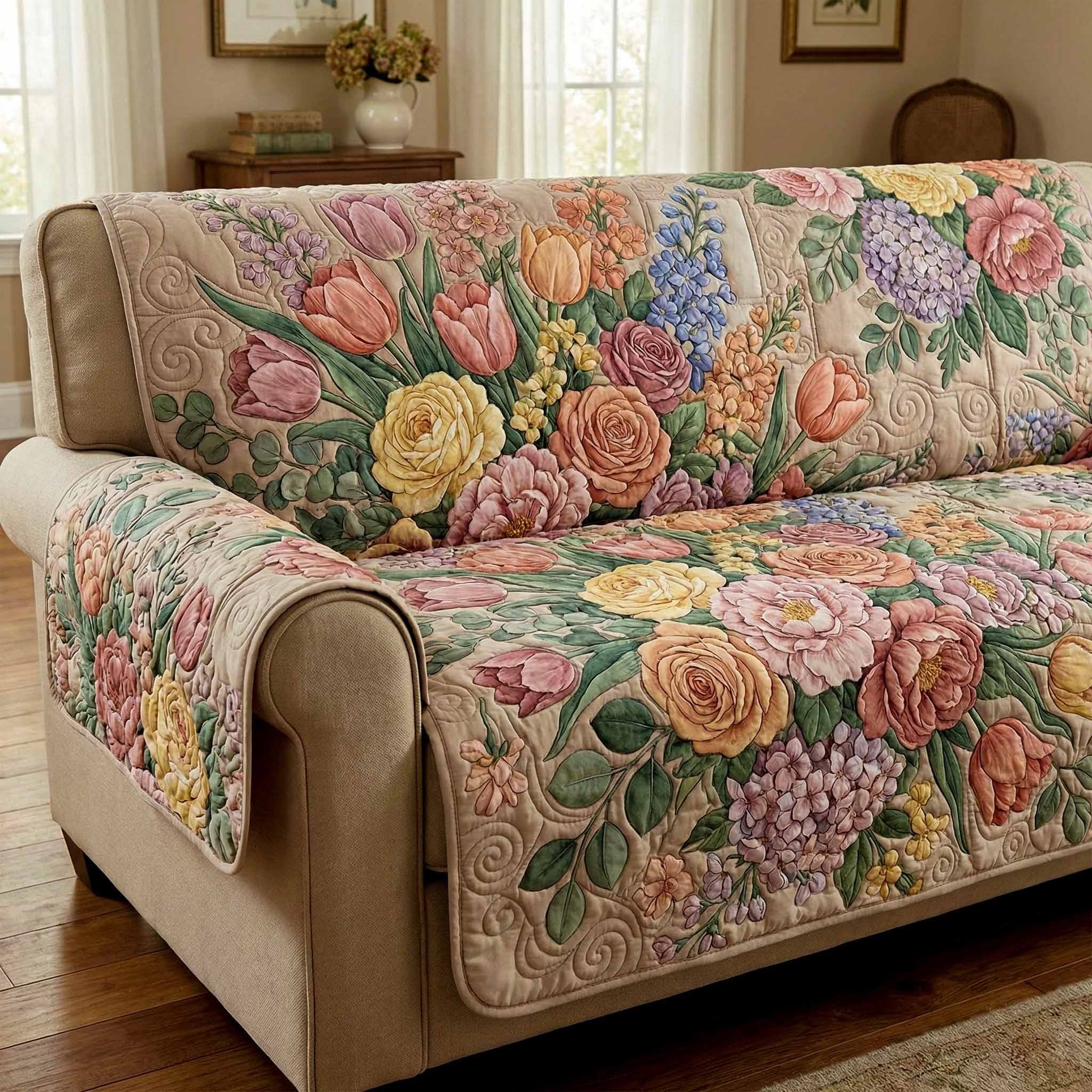 Blush Garden Quilted Sofa Cover Floral Sofa Protector Best Gifts For Mom
