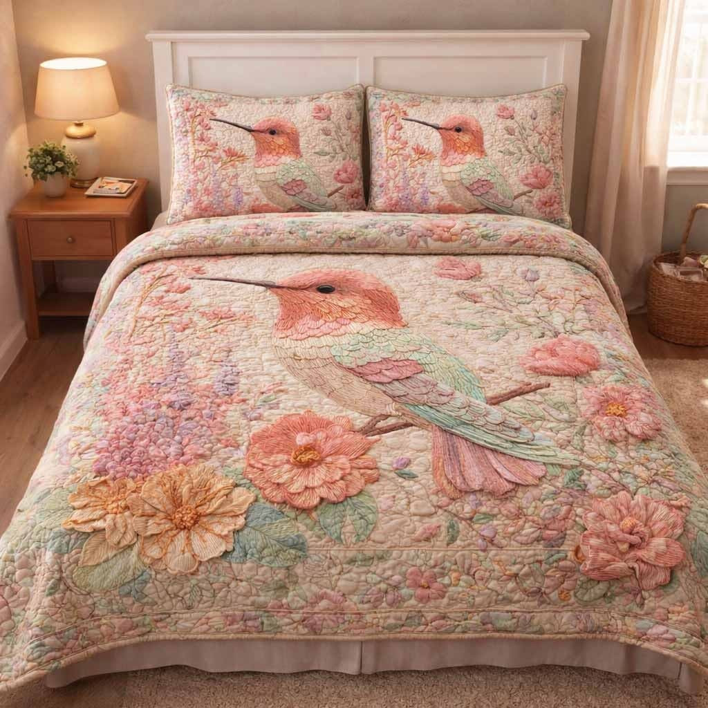 Blush Hummingbird Quilted Bedding Set Adorable Floral Bed Sheet Set Mother's Day Gifts Ideas