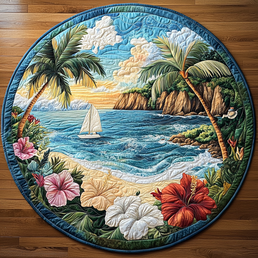 Blushing Hibiscus Quilted Round Mat Living Room Decoration Best Gifts For Beach Lovers