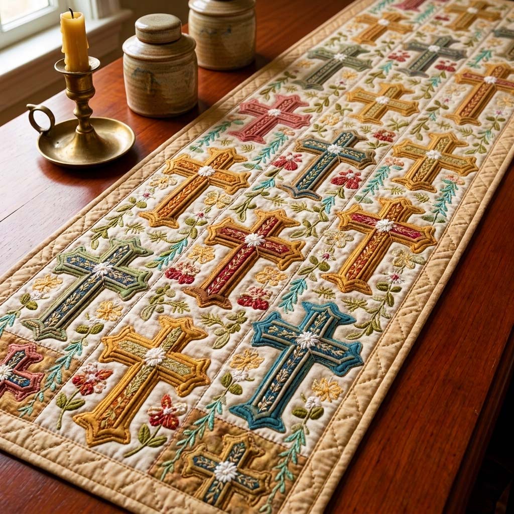 Boho Cross Quilted Table Runner Farmhouse Table Runners Christian Gifts Ideas
