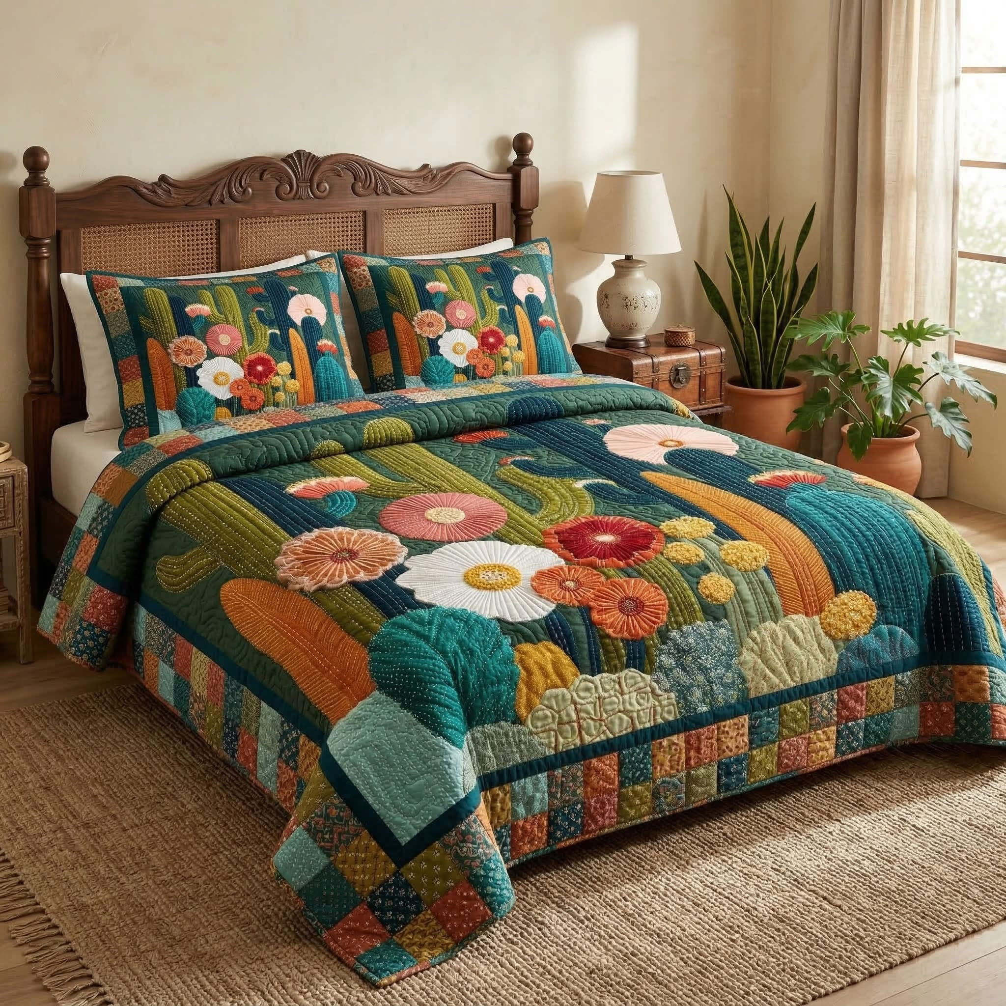 Boho Desert Cactus Quilted Bedding Set Southwest Home Decor Gifts Ideas For Grandma