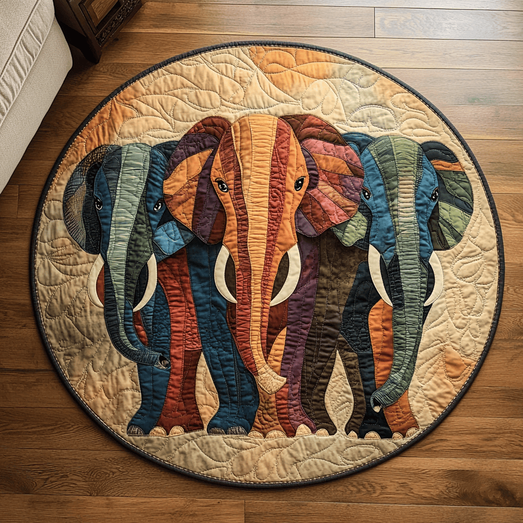 Bold Herd Quilted Round Mat Round Kitchen Mat Elephant Anniversary Gifts