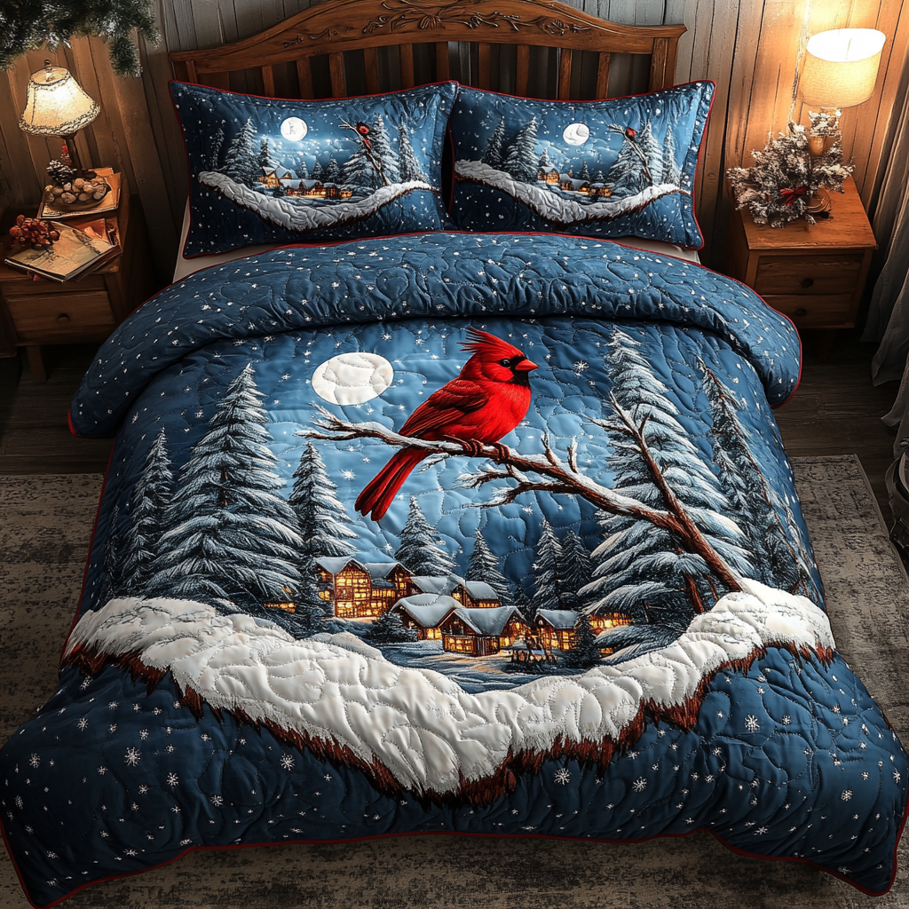 Bold in Red Quilted Bedding Set Holiday Duvet Cover Set Cardinal Themed Gifts