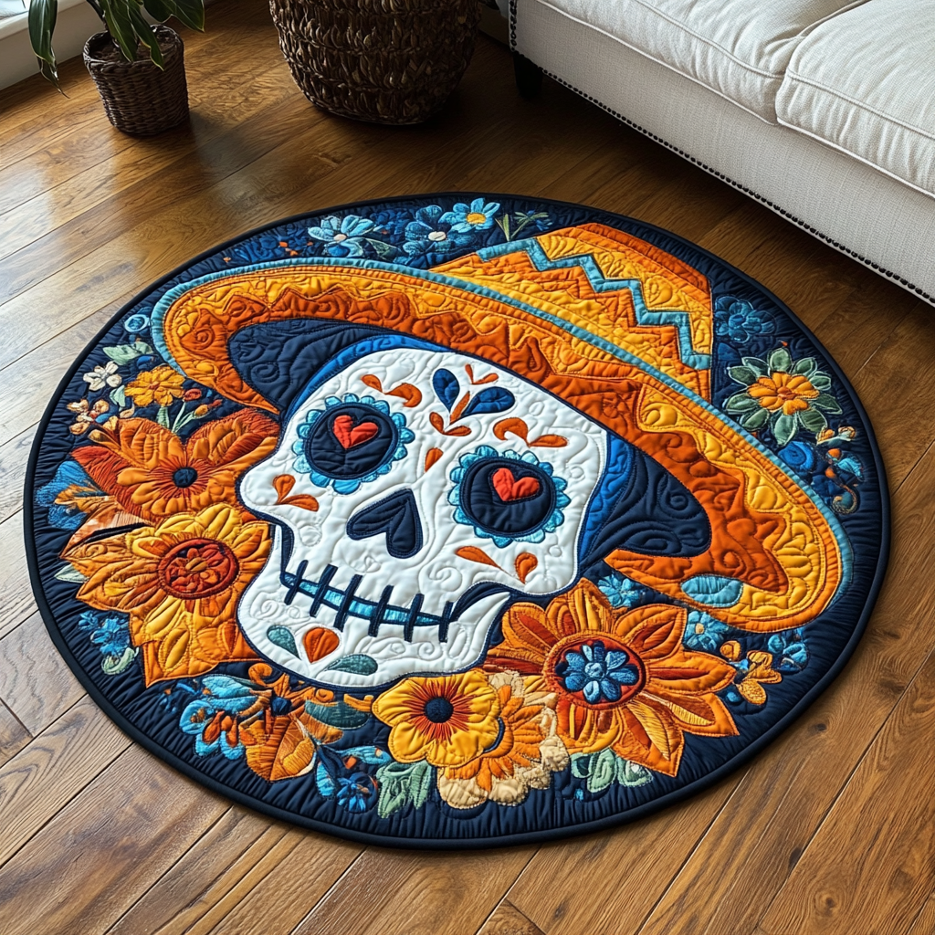 Bone Blossom Quilted Round Mat Large Round Carpet Day Of The Dead Gift Ideas
