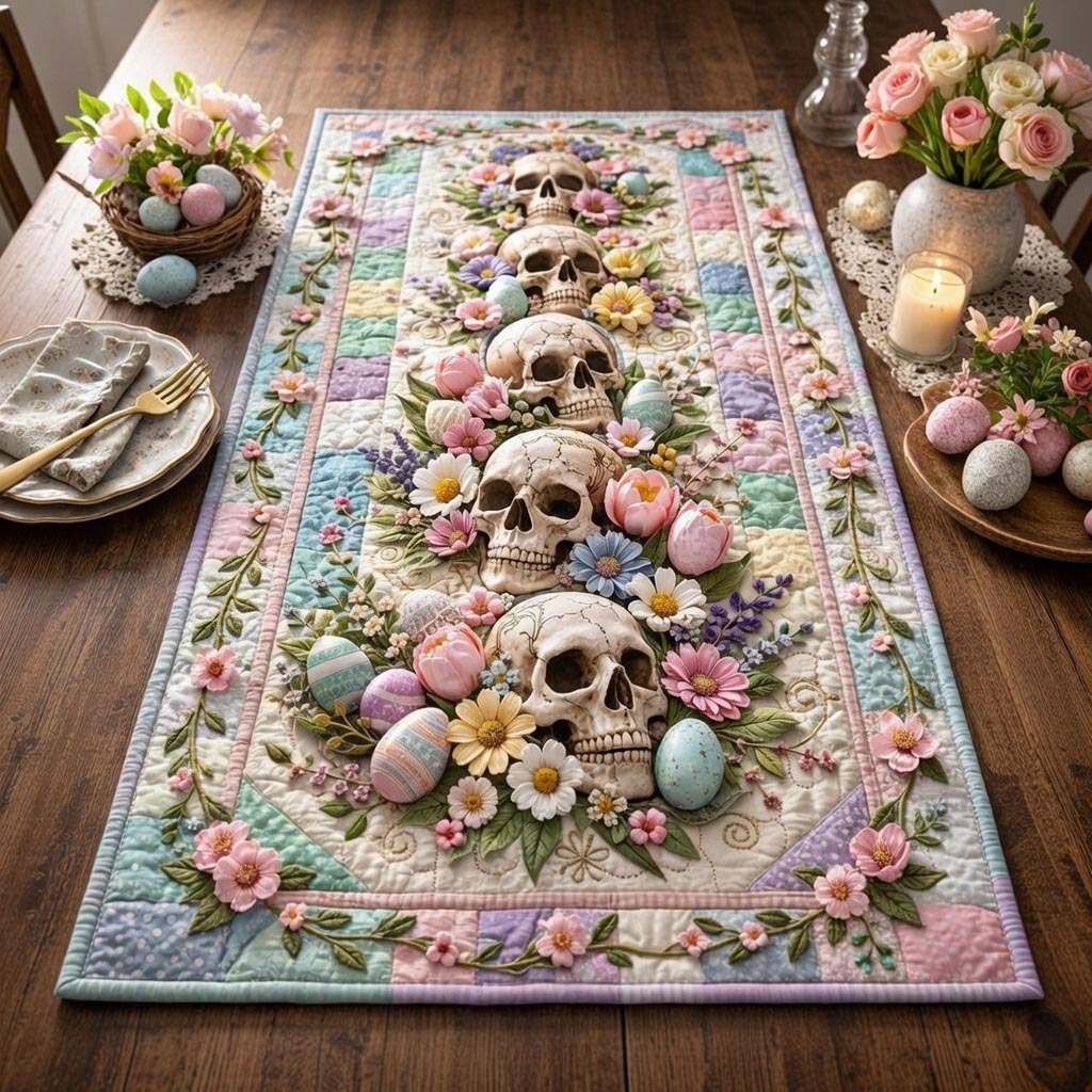 Bone Blossom Quilted Table Runner Spring Easter Table Runner Easter Themed Gifts
