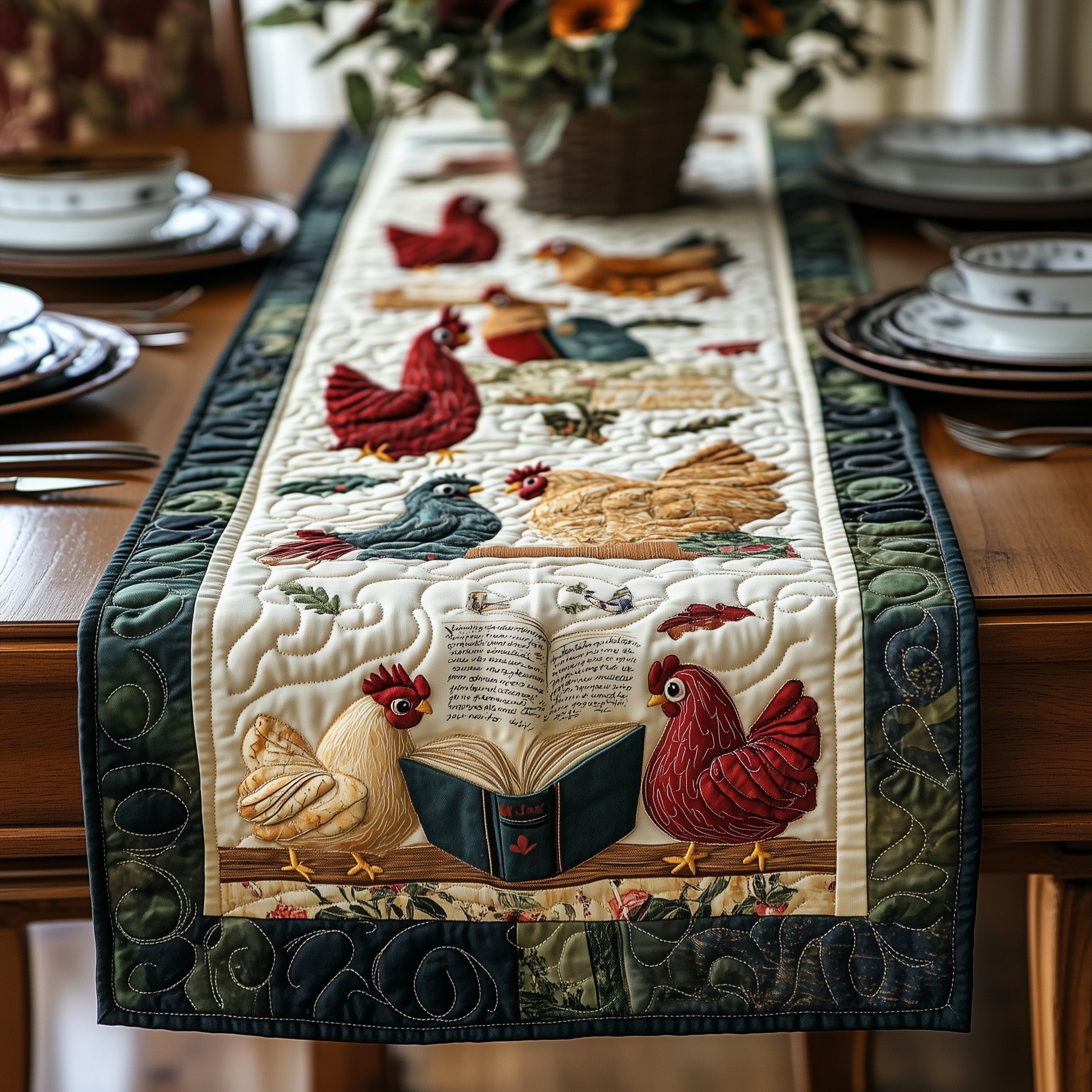 Book and Chicken Quilted Table Runner Unique Table Runner Best Gifts For Chicken Owners