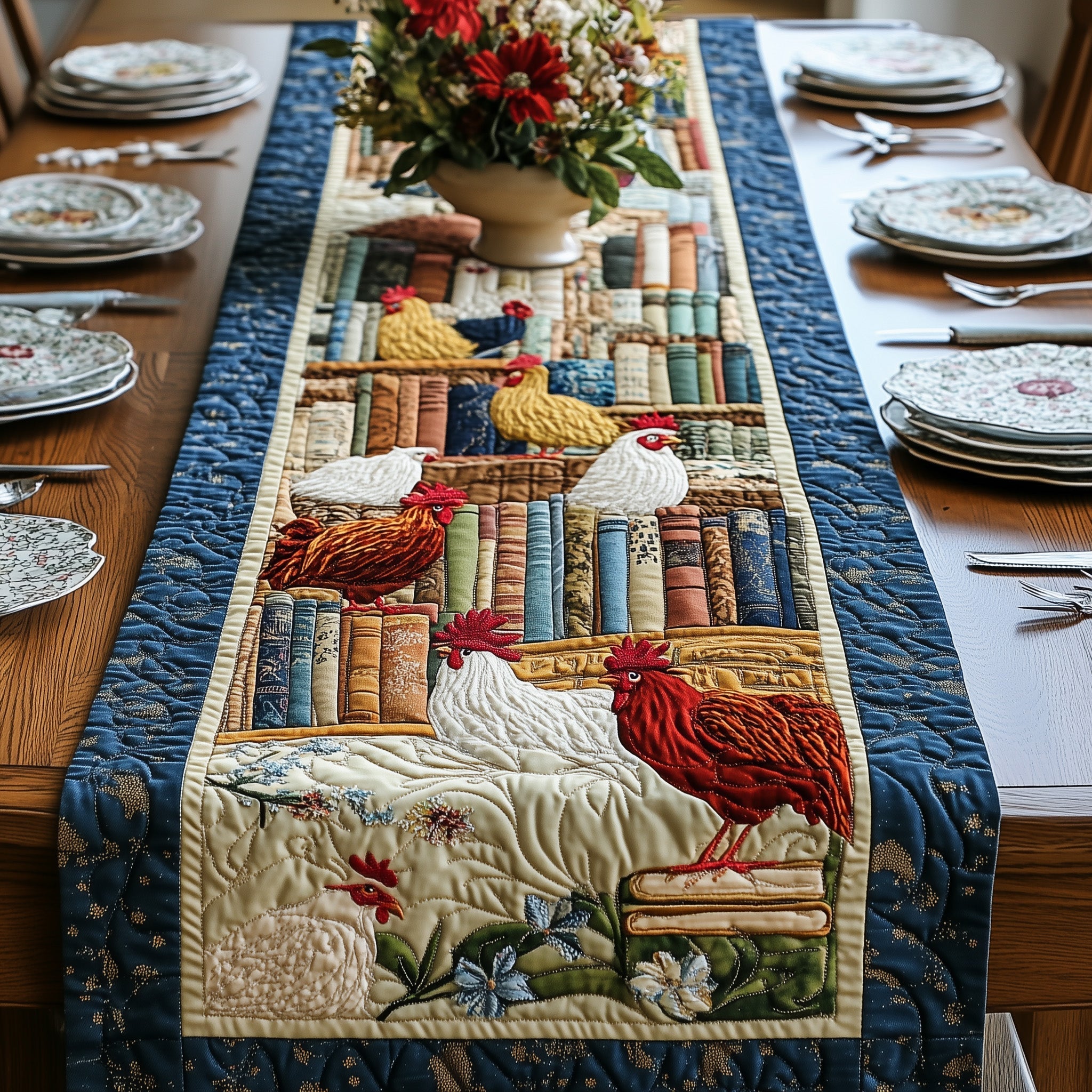 Book and Chicken Quilted Table Runner Unusual Table Runners Gifts For Chicken Keepers
