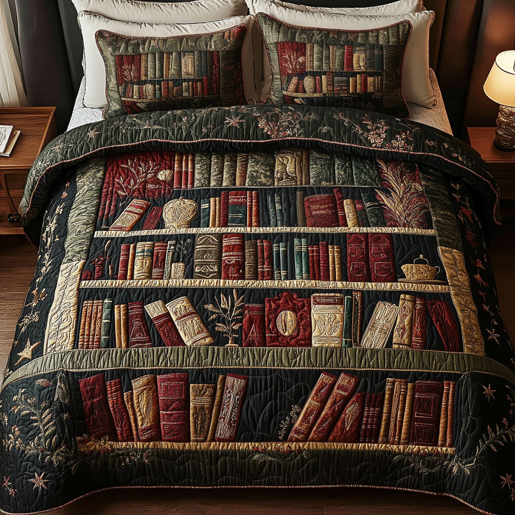 Book Haven Quilted Bedding Set Holiday Season Duvet Cover Set Book Themed Gift Items