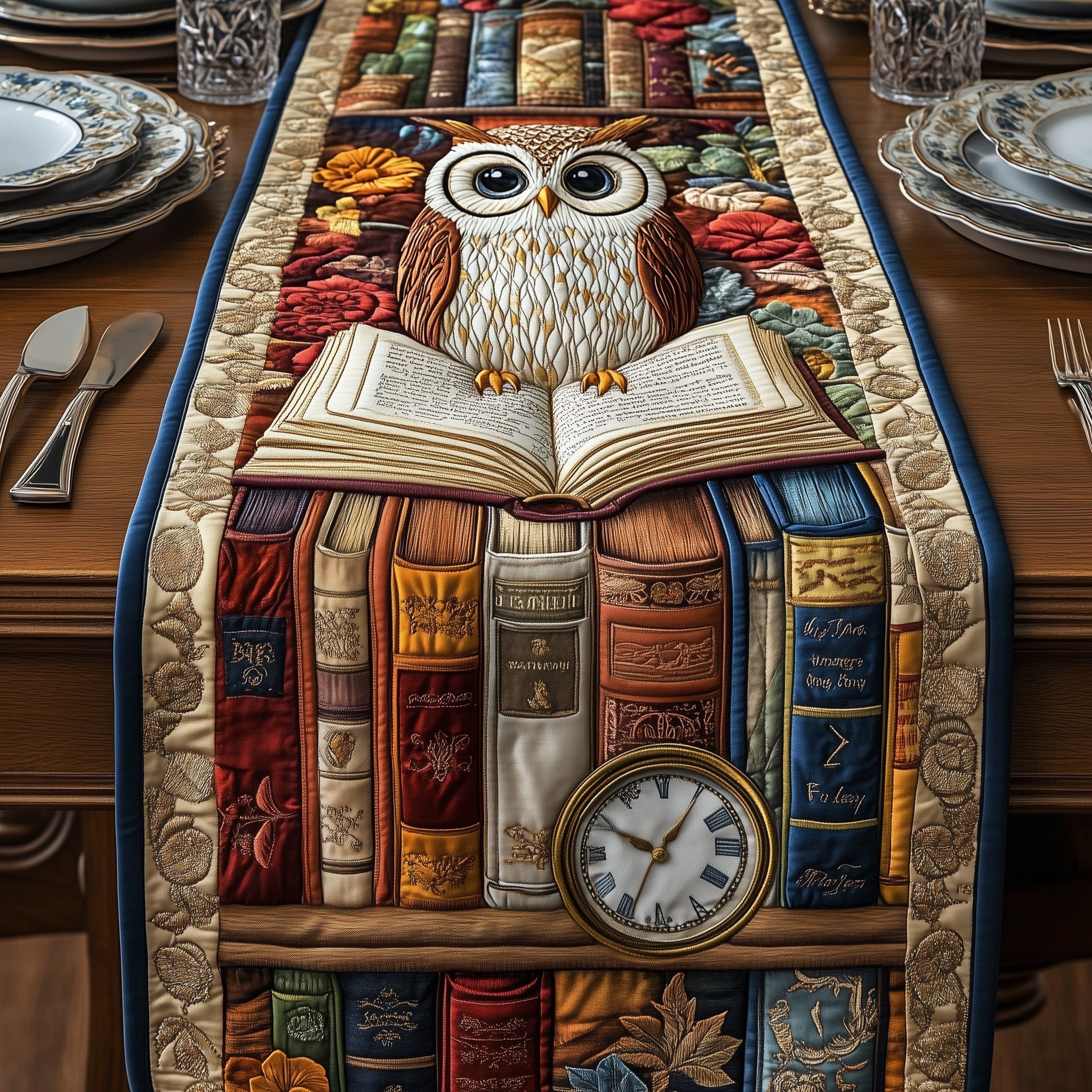 Bookish Owl Haven Quilted Table Runner Dining Room Decor Book Lovers Gifts For Sisters