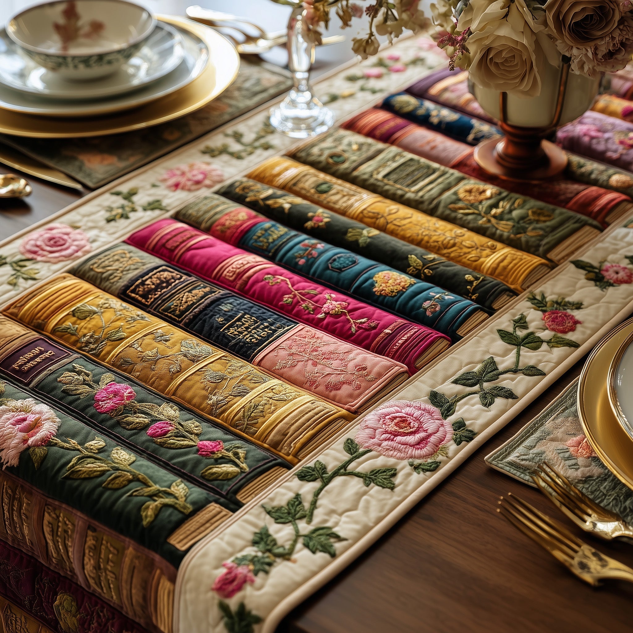 Bookish Quilted Table Runner Dining Decor Birthday Presents For Book Lovers