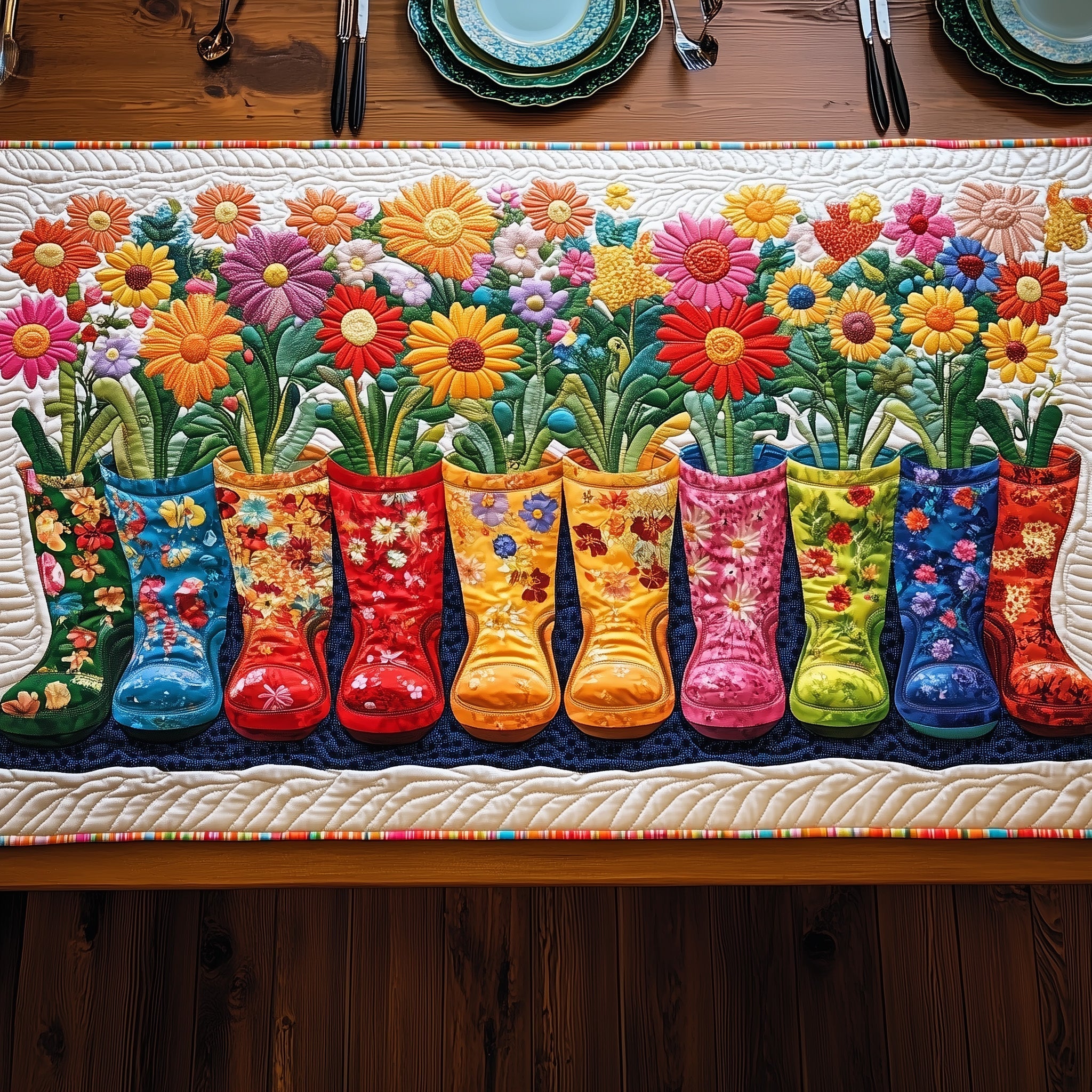 Boots of Bloom Quilted Table Runner Floral Table Cover Gifts To Daughter From Mom