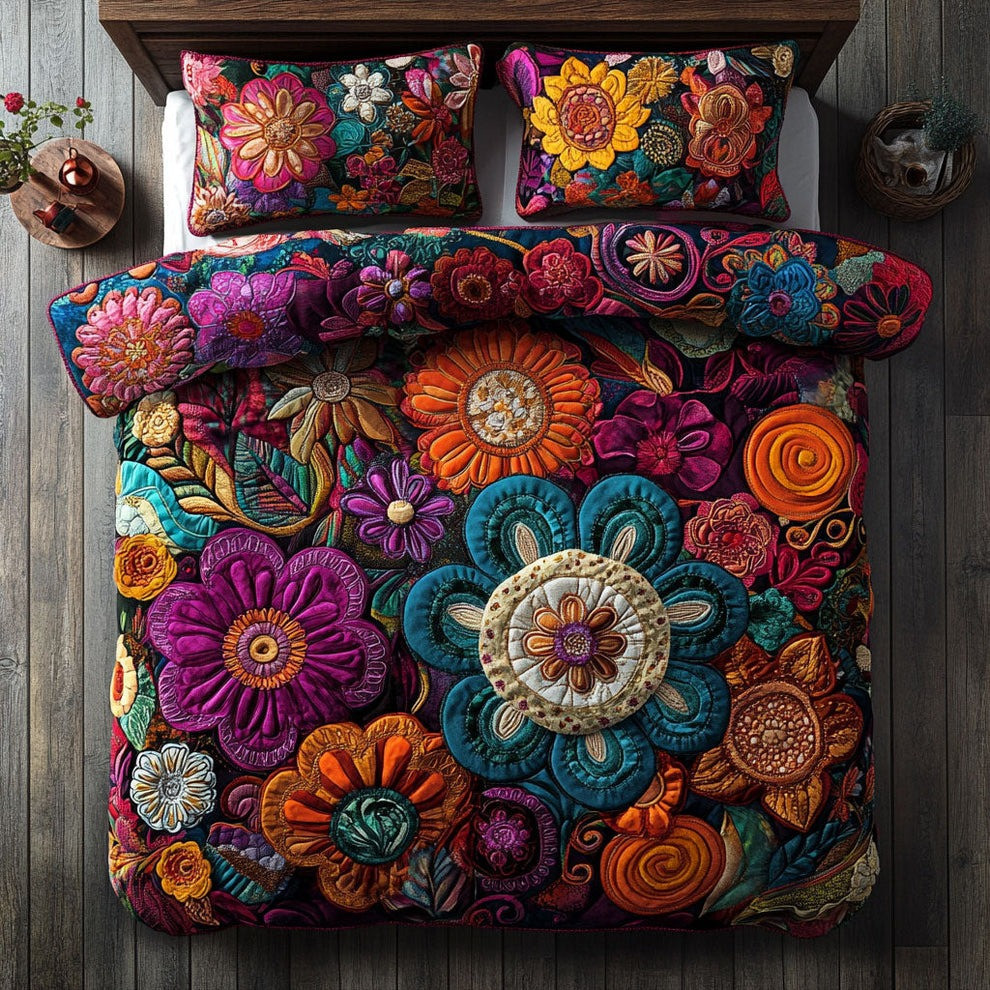 Botanical Blossom Quilted Bedding Set Bohemian Bed Decor Gifts Items