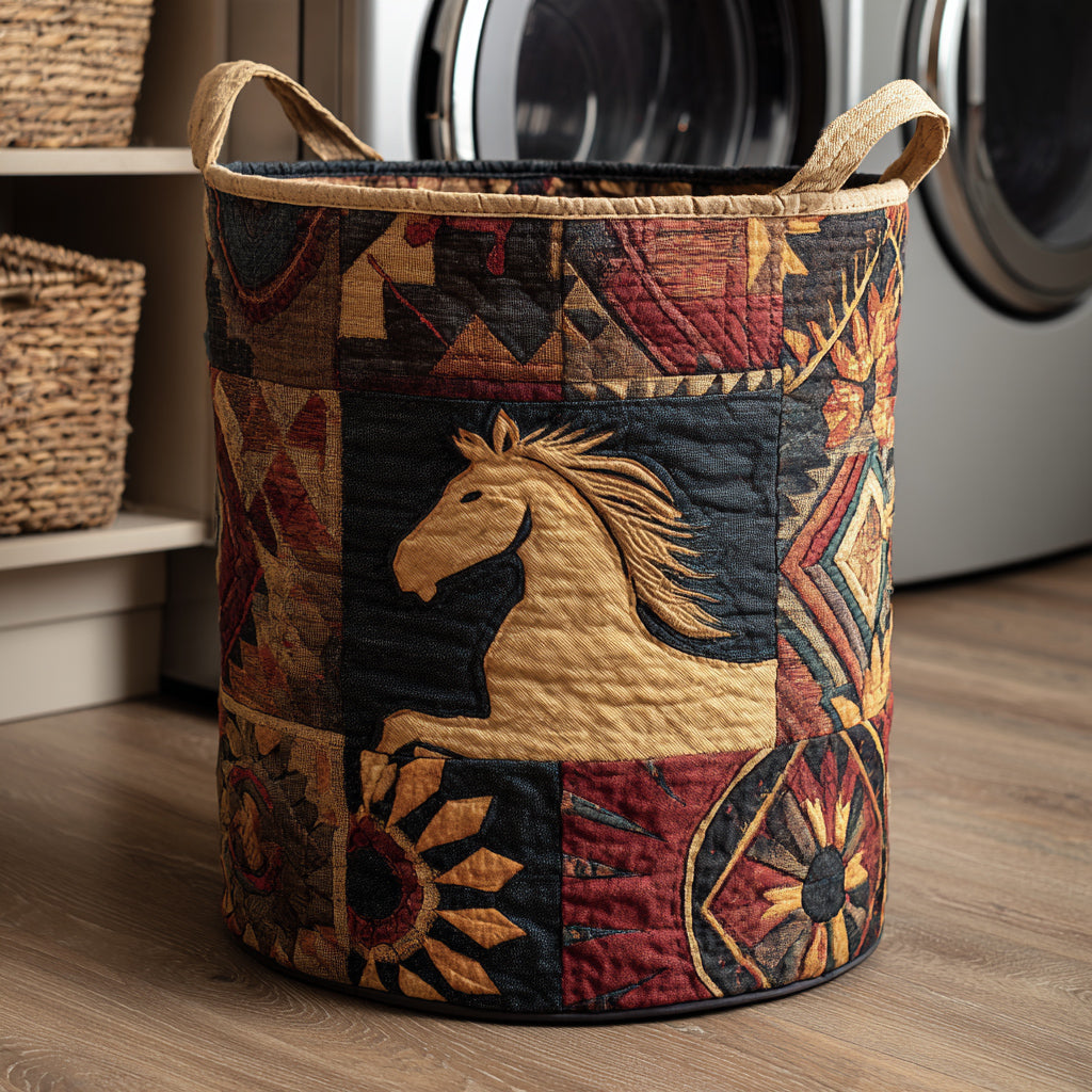 Brave Tribal Horse Quilted Laundry Basket Storage Bins Native American Themed Gifts For Her