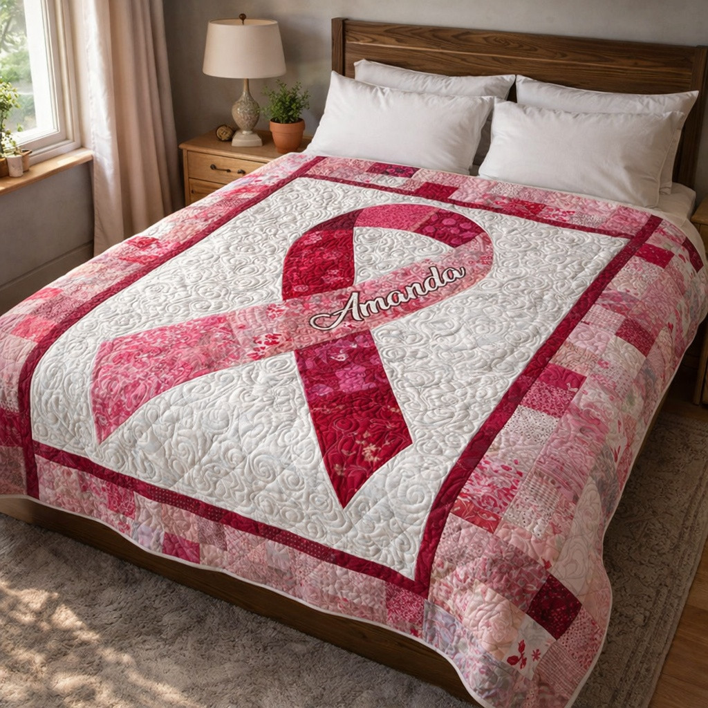 Breast Cancer Pink Quilted Bedding Set Amanda Comforter Gift for Survivors