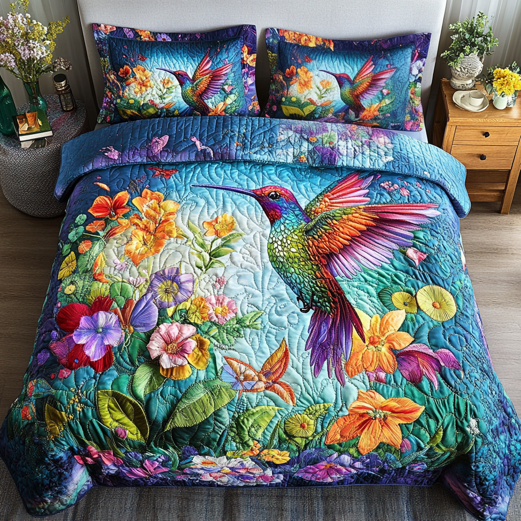Bright Flight Quilted Bedding Set Duvet Cover Sheets Hummingbird Gifts For Ladies