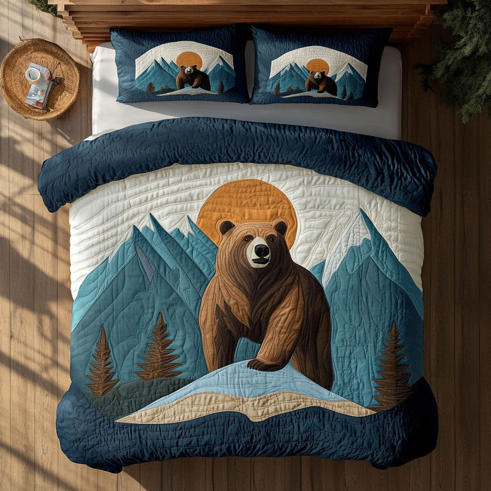 Brown Bear Mountain Quilted Bedding Set Rustic Bed Decor Gift for Bear Lovers