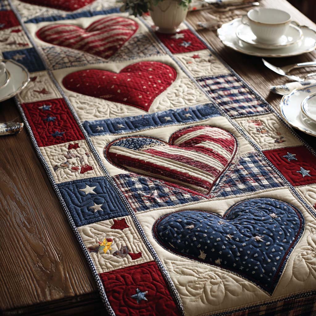 Bubble Heart Quilted Table Runner July Table Decorations 4Th Of July Present