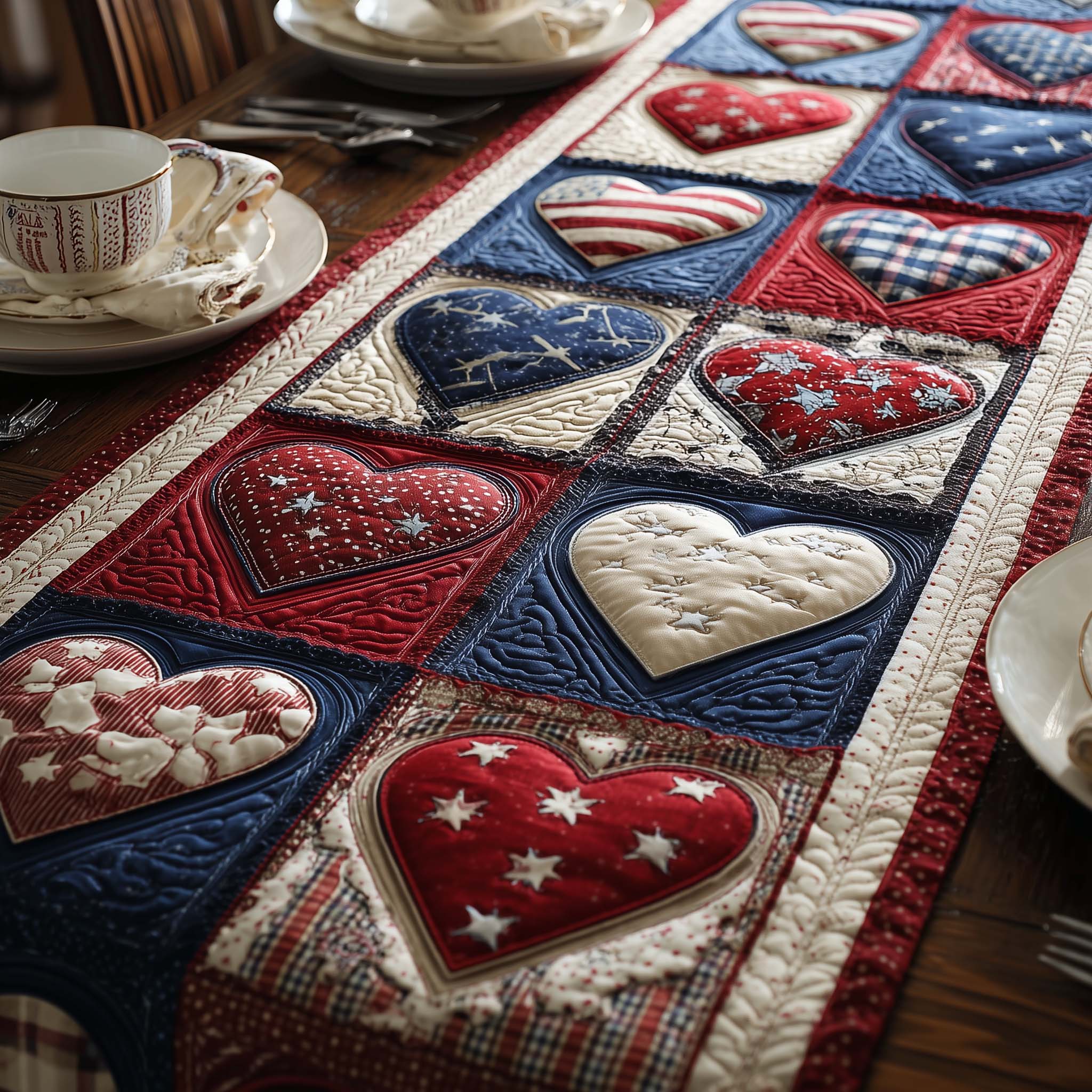 Bubble Heart Quilted Table Runner Patriotic Decor 4Th July Gift Ideas