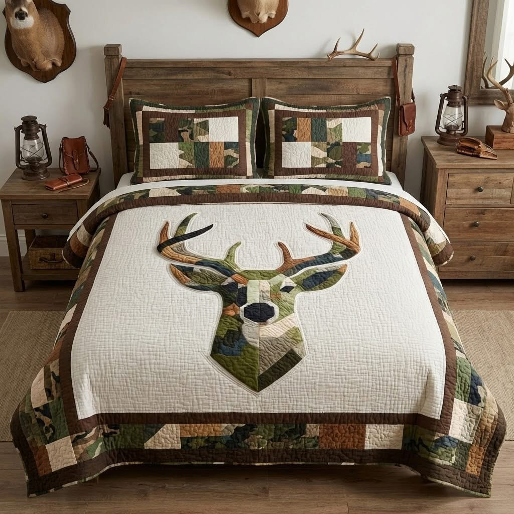 Buck Crest Camo Quilted Bedding Set Deer Lodge Bed Sheet Set Gifts For Hunters