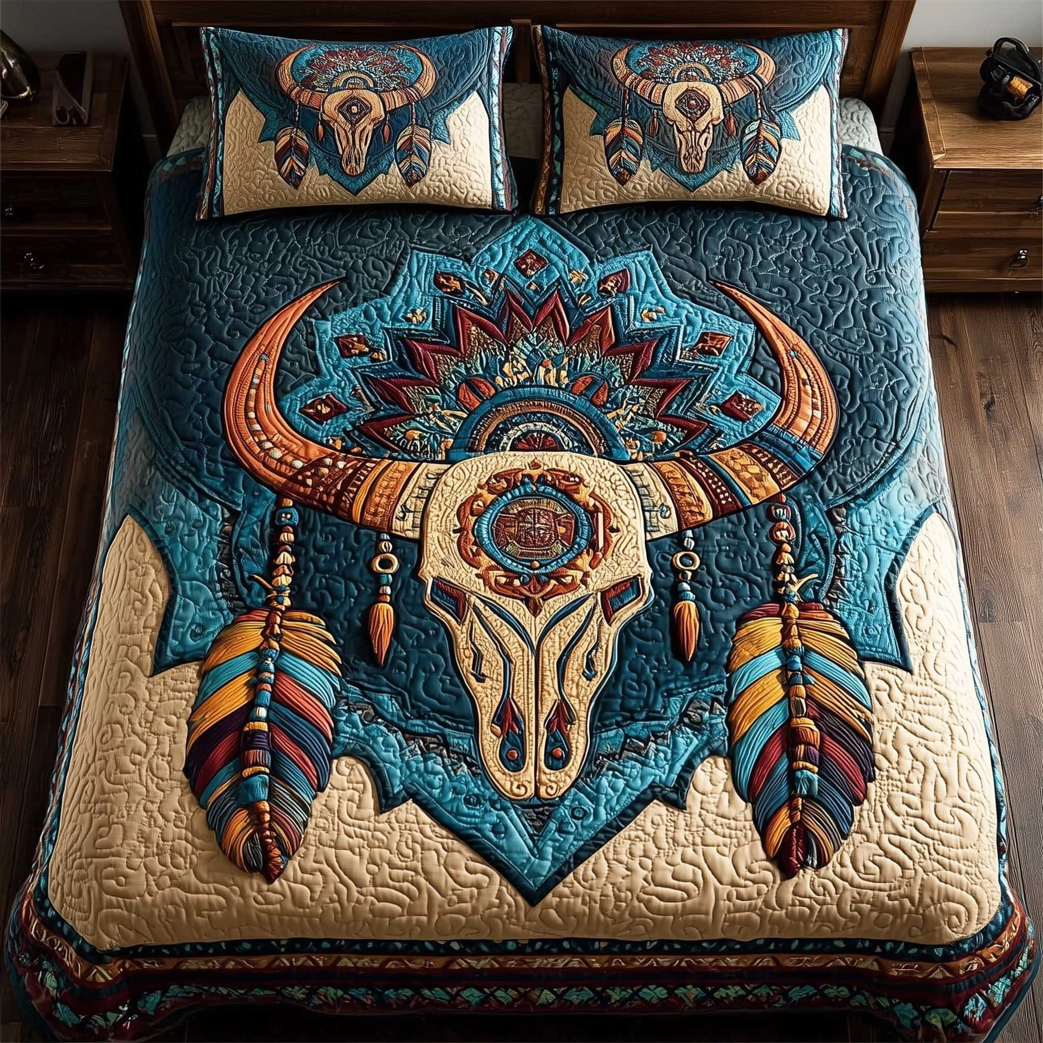 Bull Skull Quilted Bedding Set Boho Sacred Bedsheet Set Native American Gifts Ideas