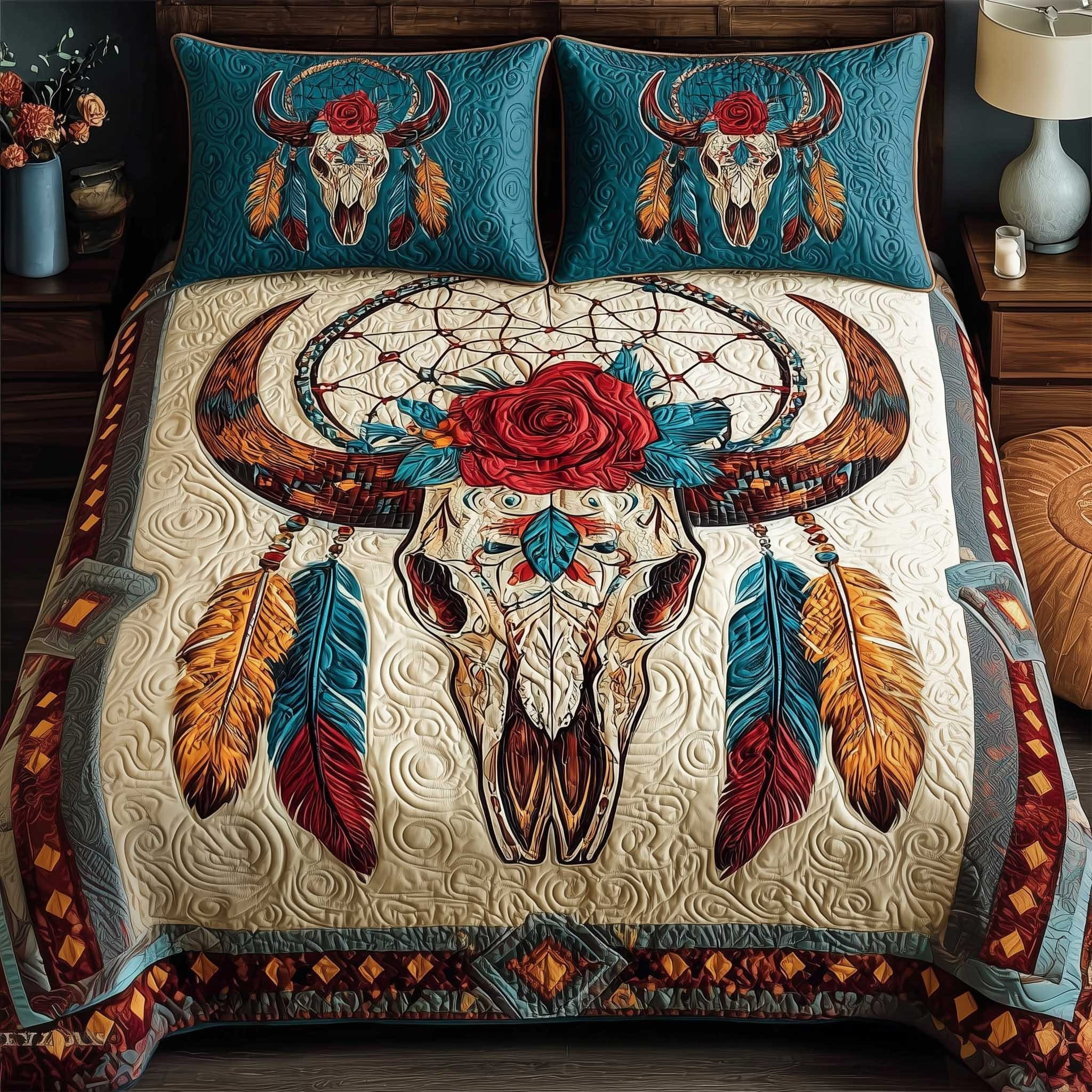 Bull Skull Wild Rose Quilted Bedding Set Bed Decor Native American Gift Items