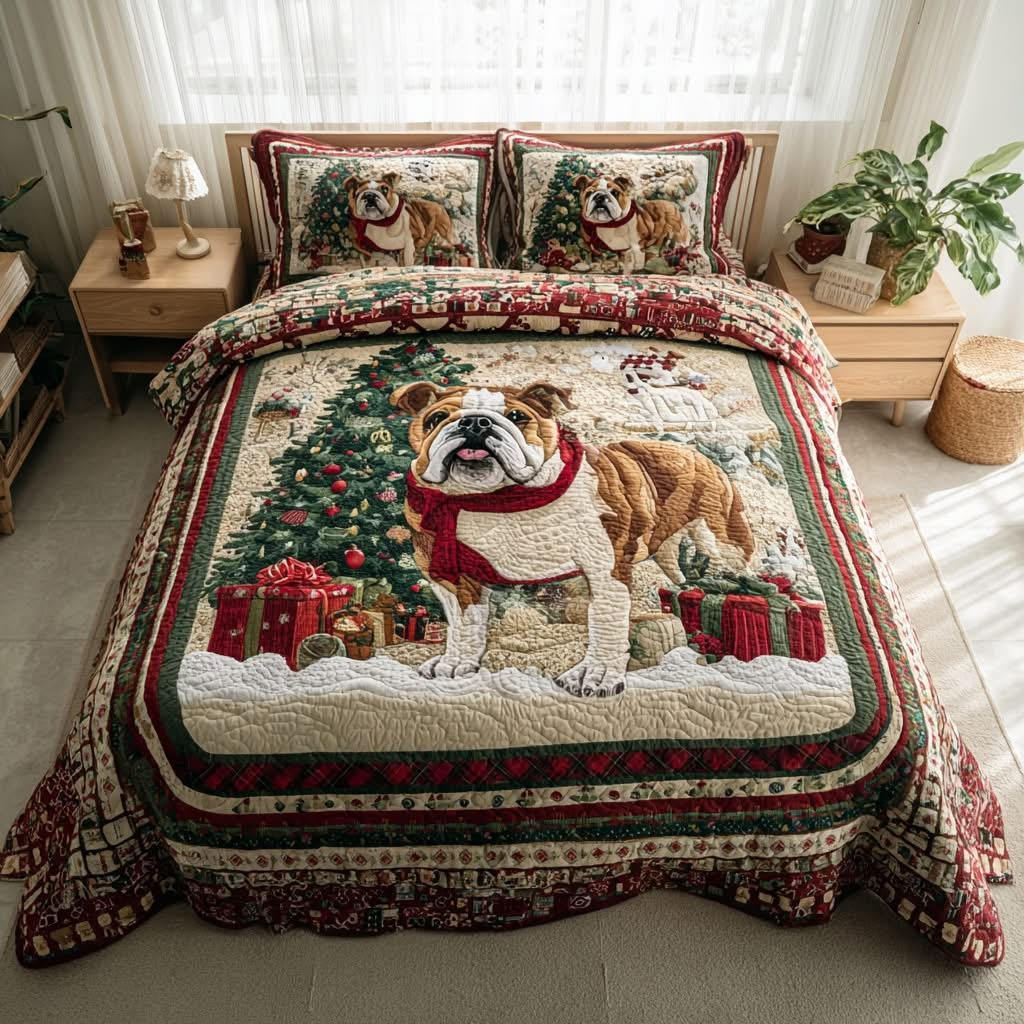 Bulldog Christmas Quilted Bedding Set Cozy Bedspread Decor Gifts For Bulldog Lovers
