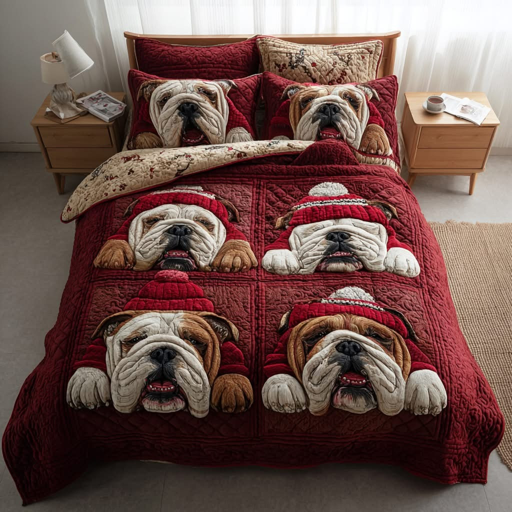 Bulldog Christmas Quilted Bedding Set Duvet Cover Xmas Gifts For Bulldog Lovers Owners