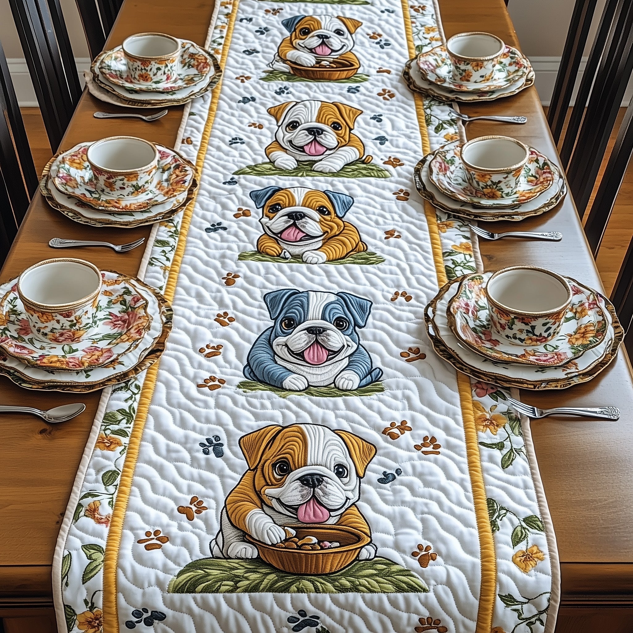 Bulldog Quilted Table Runner Long Dining Table Runner Unique Dog Gifts