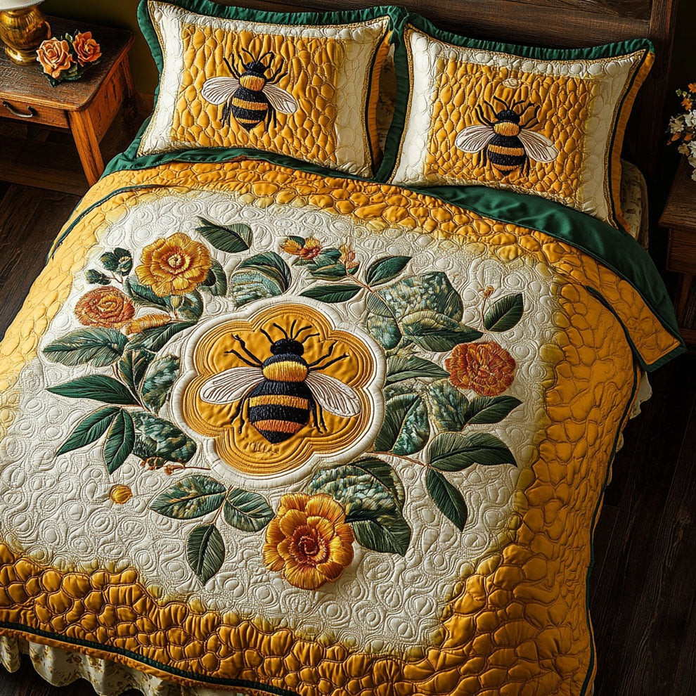 Bumble Bee Blossom Quilted Bedding Set Elegant Honeycomb Duvet Cover Gifts For Bee Lovers
