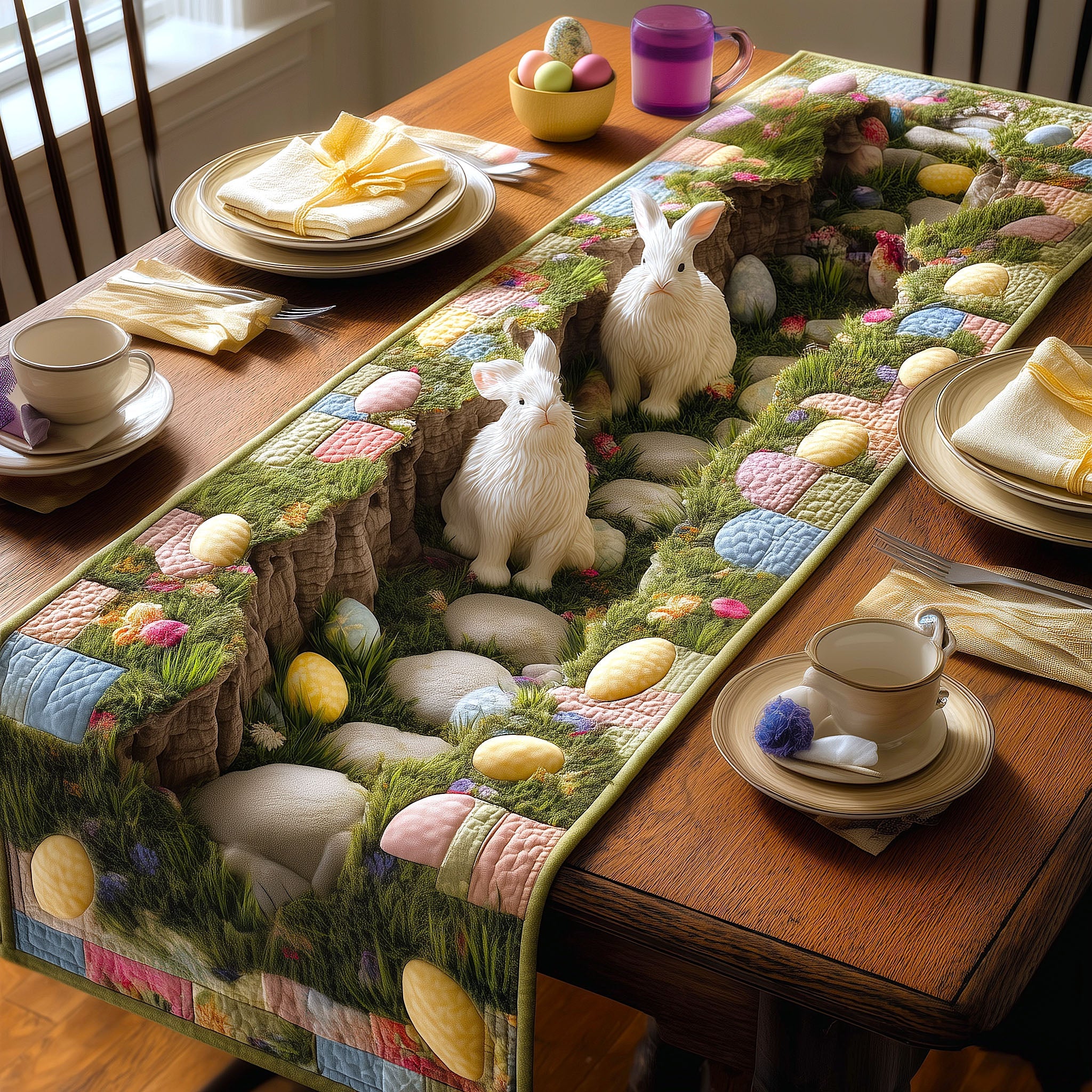 Bunny Bloom Quilted Table Runner Easter Dining Table Decor Rabbit Related Presents