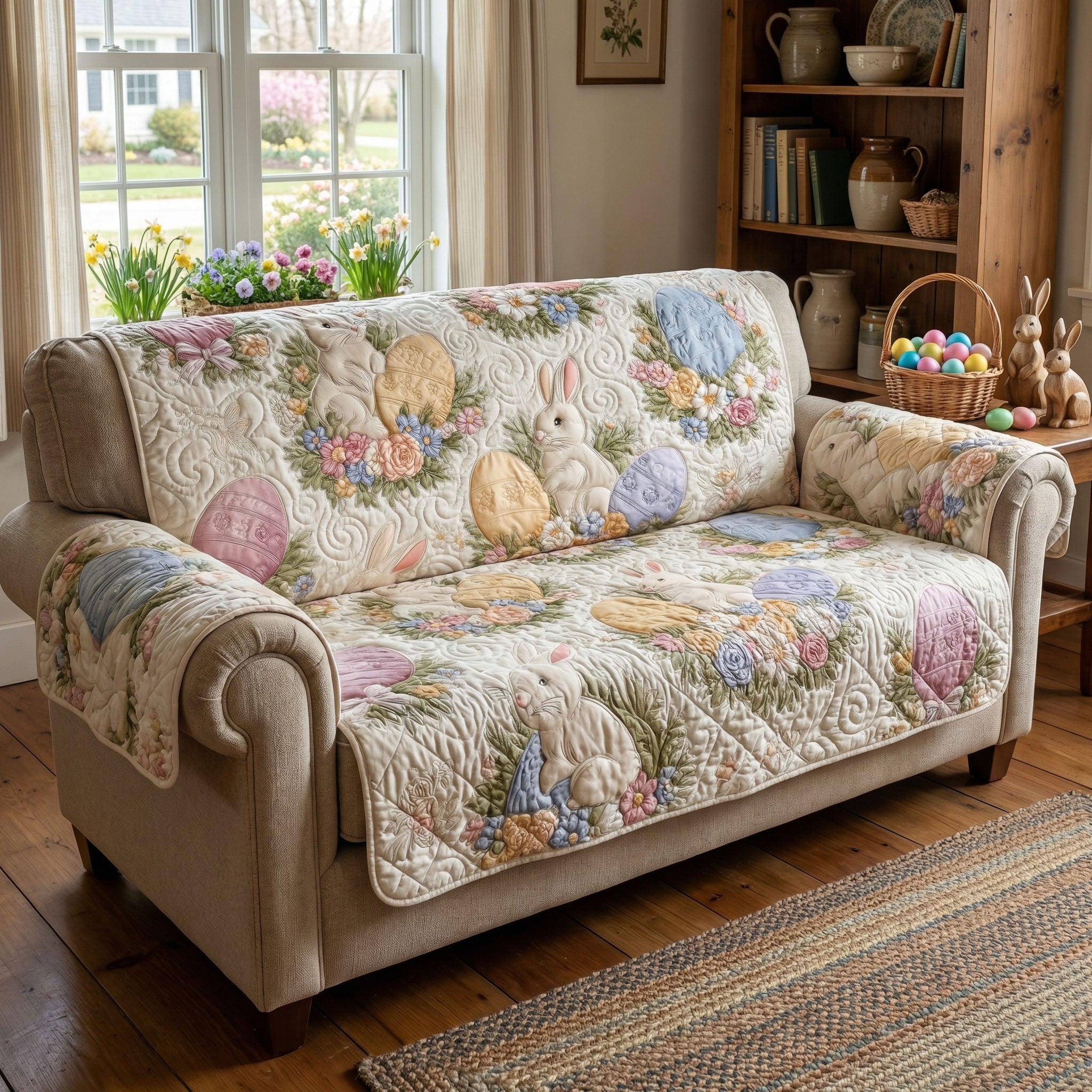 Bunny Blossom Quilted Sofa Cover Sofa Protector Best Easter Themed Gifts