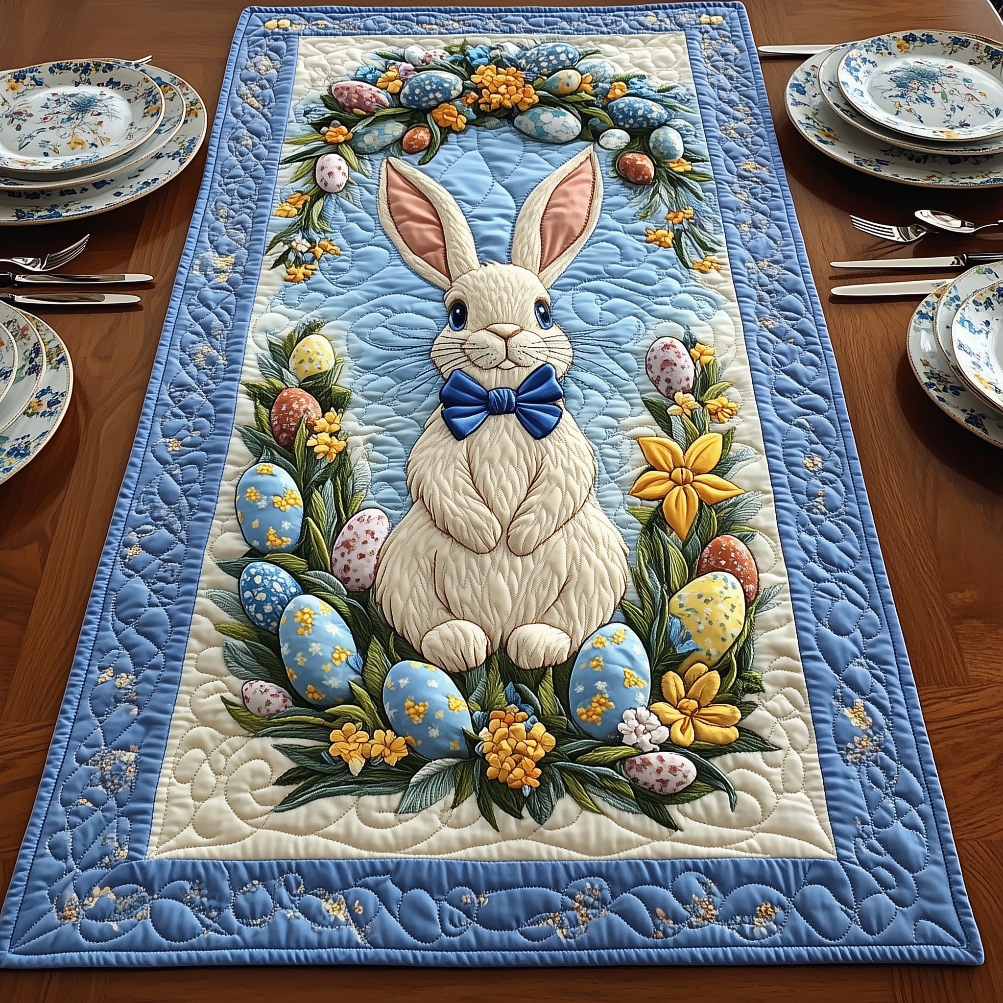 Bunny Meadow Quilted Table Runner Table Runner Easter Bunny Rabbit Presents