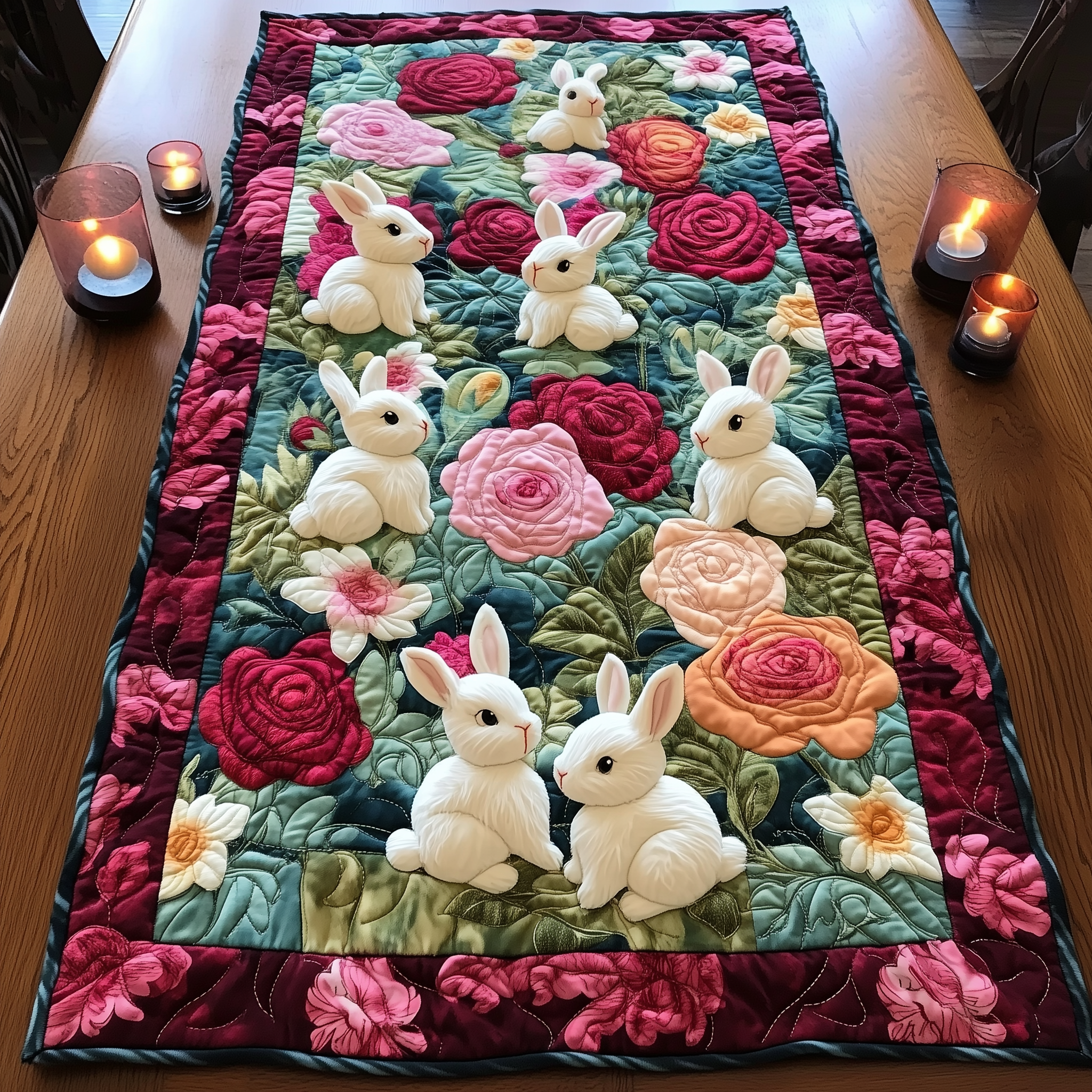 Bunny Rose Garden Quilted Table Runner Dining Decor Rabbit Presents