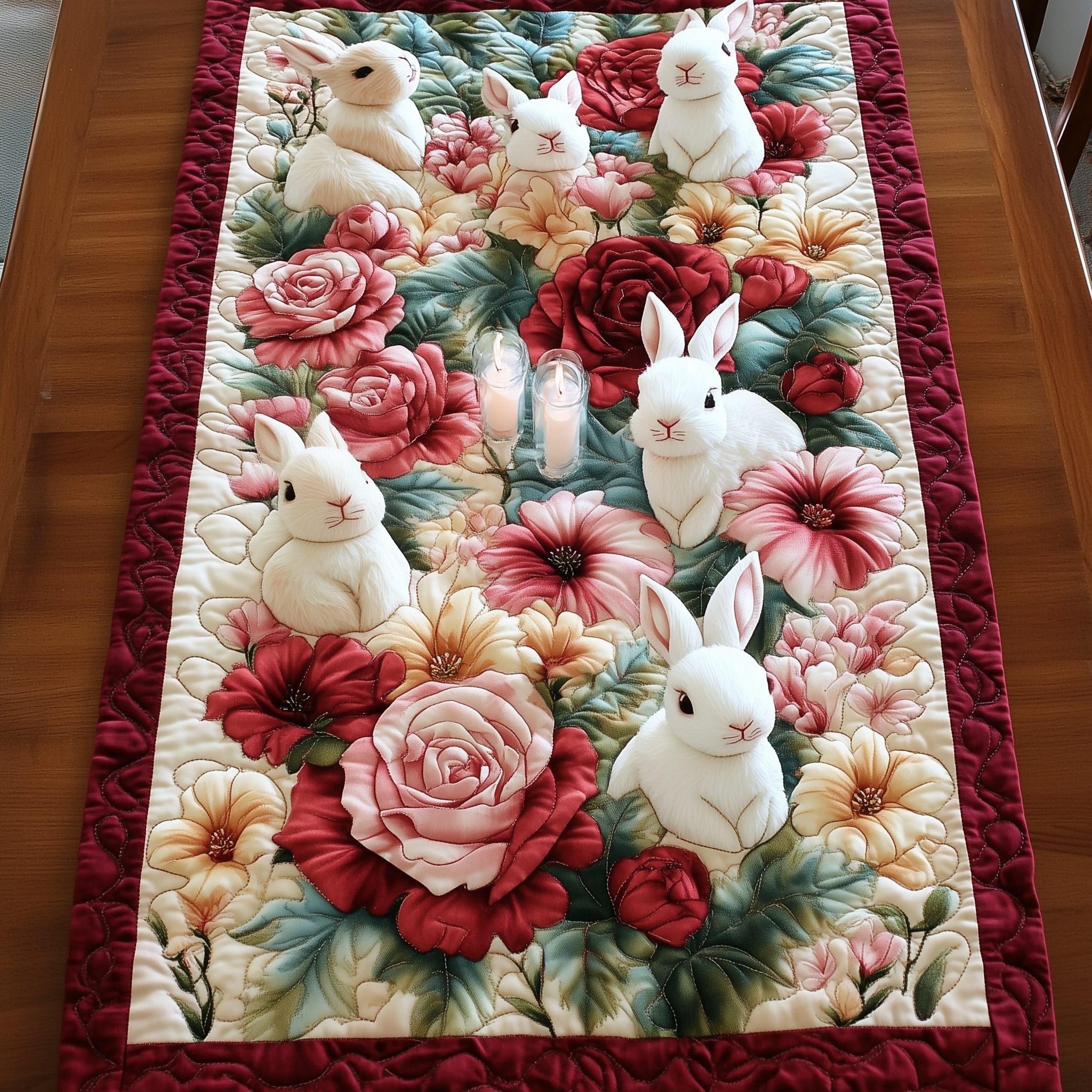 Bunny Rose Garden Quilted Table Runner Dining Room Decor Gifts For Bunnies