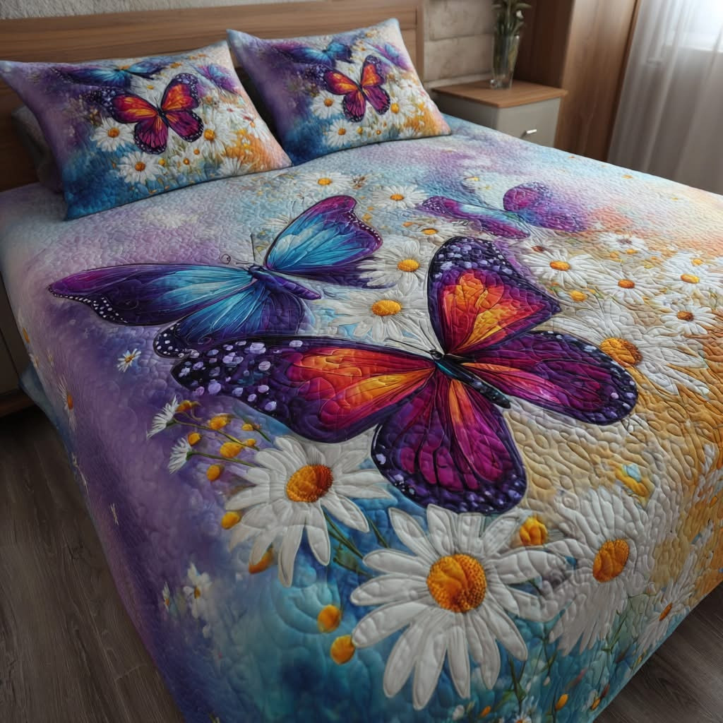 Butterflies Rainbow Quilted Bedding Set Daisy Flower Bedspread Set Gifts Ideas For Your Mom