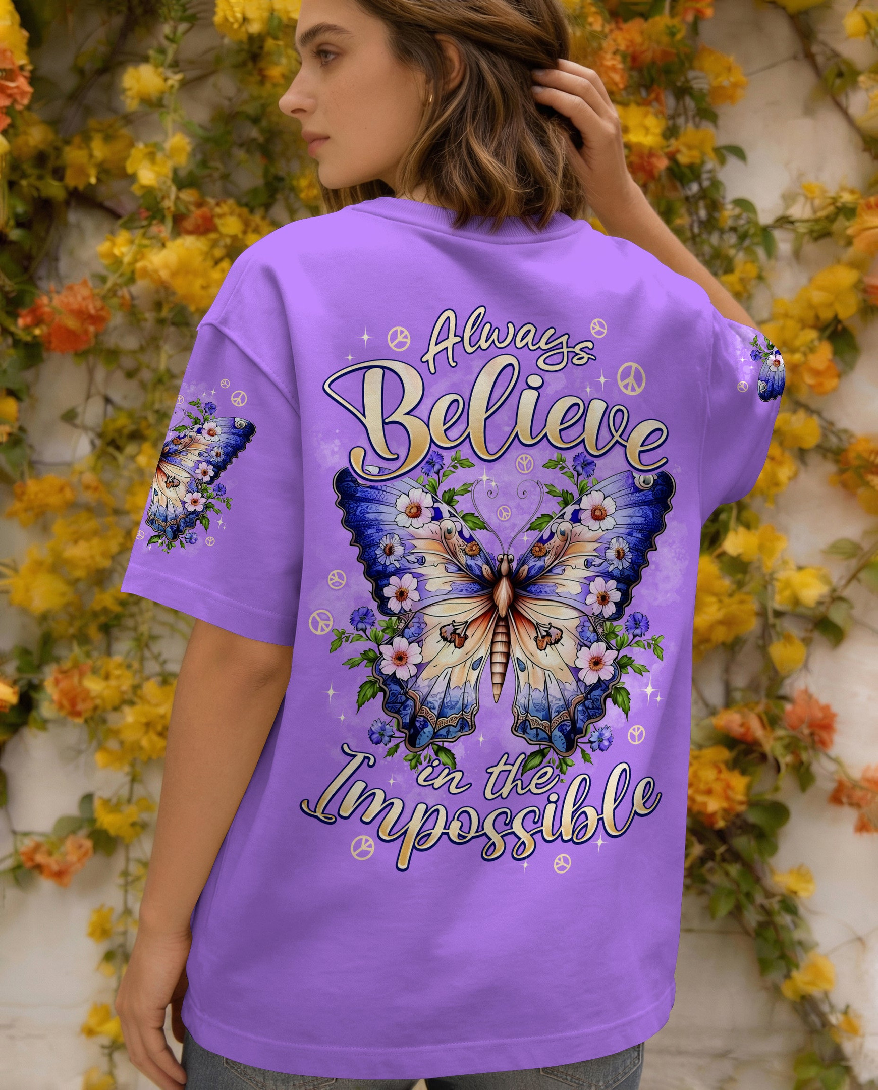 Butterfly Always Believe In The Impossible T-Shirt Purple Floral Peace Clothing Gift For Wife - Image 2