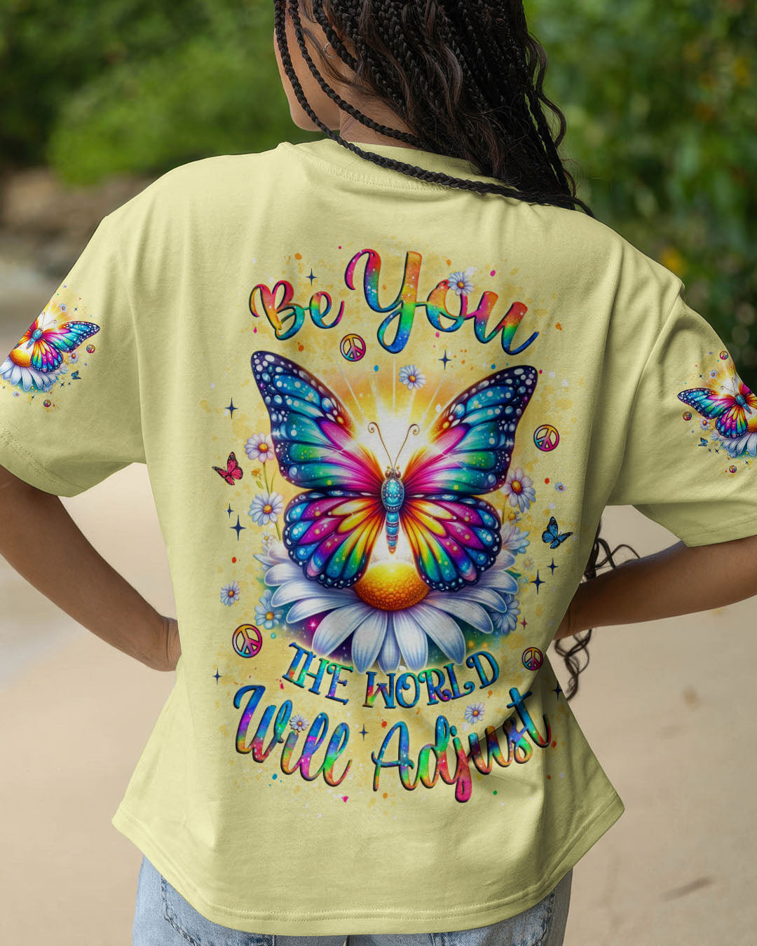 Butterfly Be You The World Will Adjust T-Shirt Colorful Butterfly Daisy Merch Gift For Wife - Image 2
