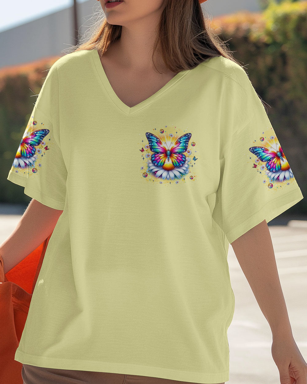 Butterfly Be You The World Will Adjust V-Neck Shirt Colorful Butterfly Daisy Gift For Daughter