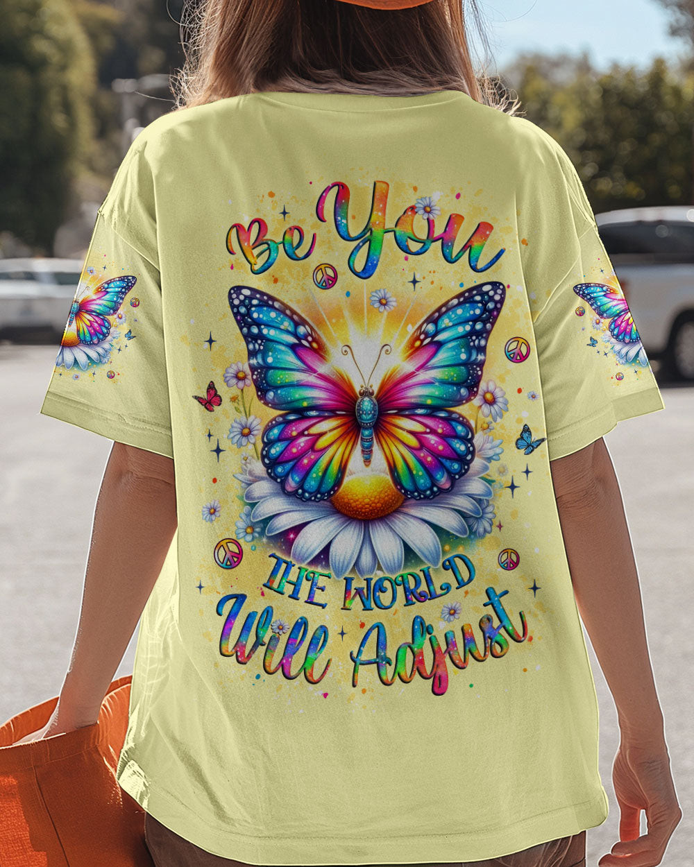Butterfly Be You The World Will Adjust V-Neck Shirt Colorful Butterfly Daisy Gift For Daughter - Image 2