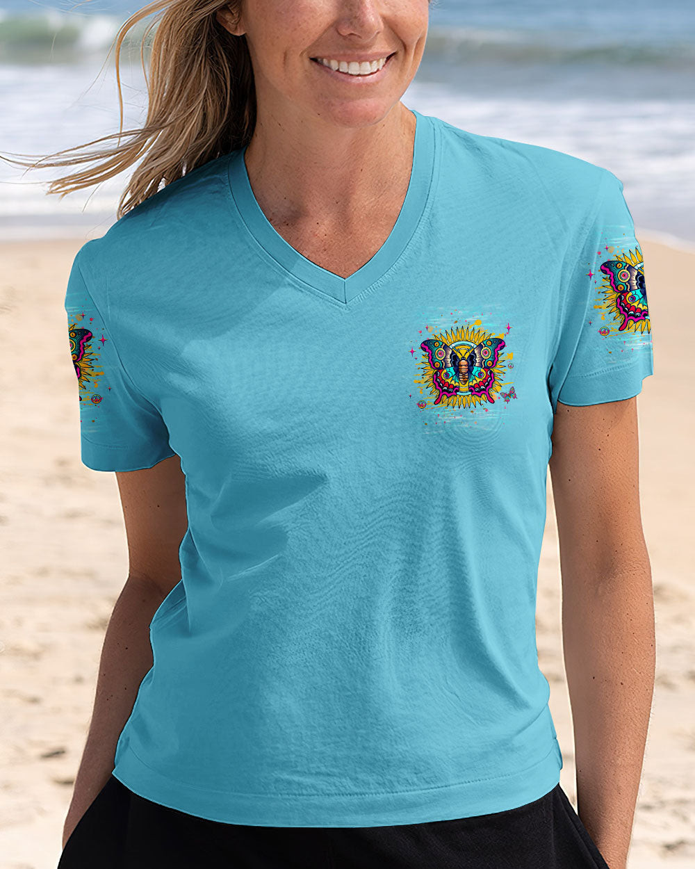 Butterfly Be You The World Will Adjust V-Neck Shirt Vibrant Butterfly Sunflower For Mom