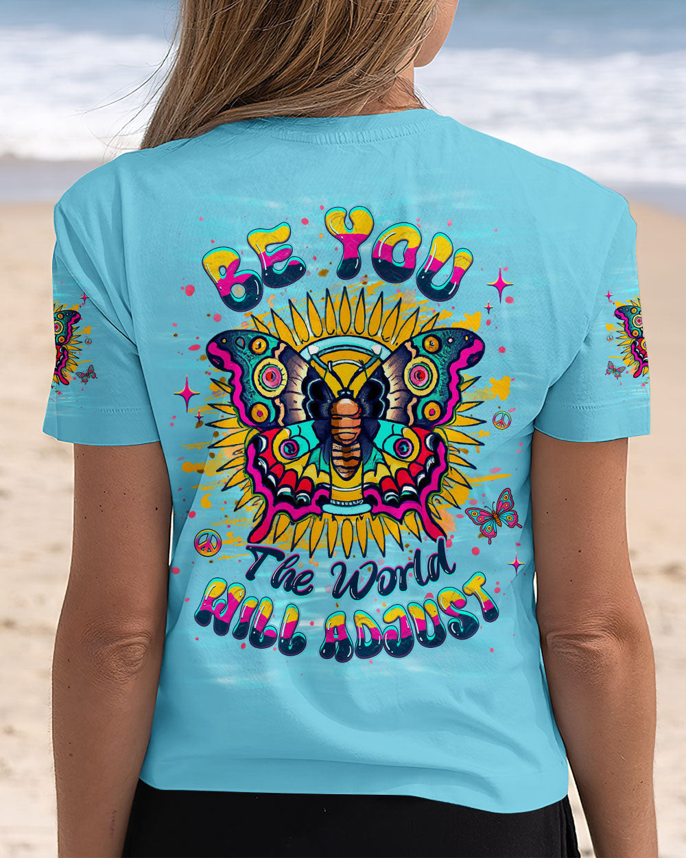 Butterfly Be You The World Will Adjust V-Neck Shirt Vibrant Butterfly Sunflower For Mom - Image 2